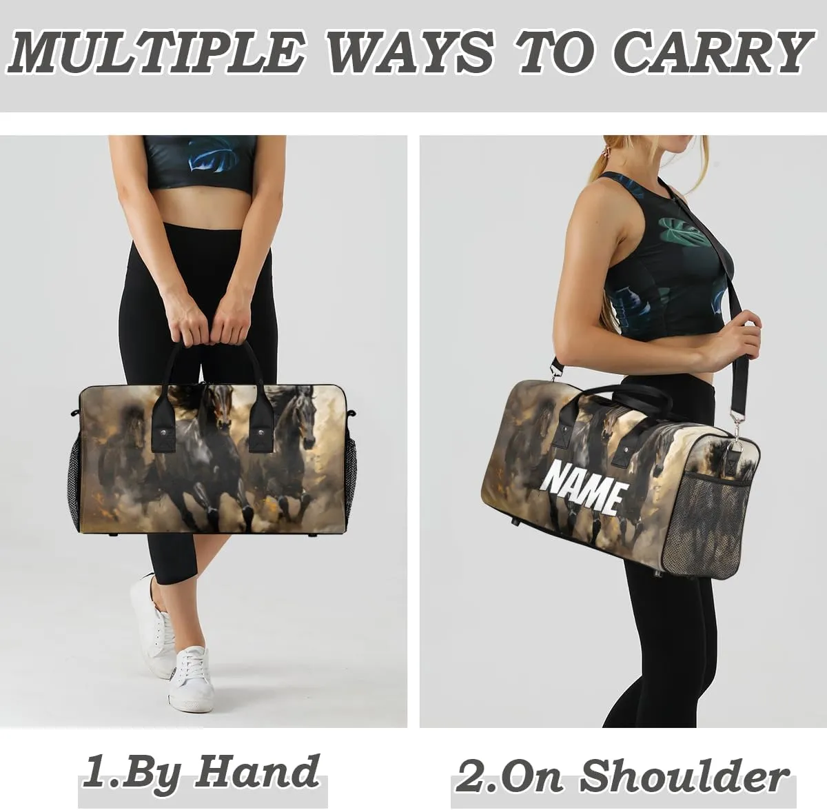 Personalized Wild Horse Travel Duffel Bag with Name, Custom Gym Sport Bag Running Animals Carry On Weekend Overnight Duffel Bag for Men Women