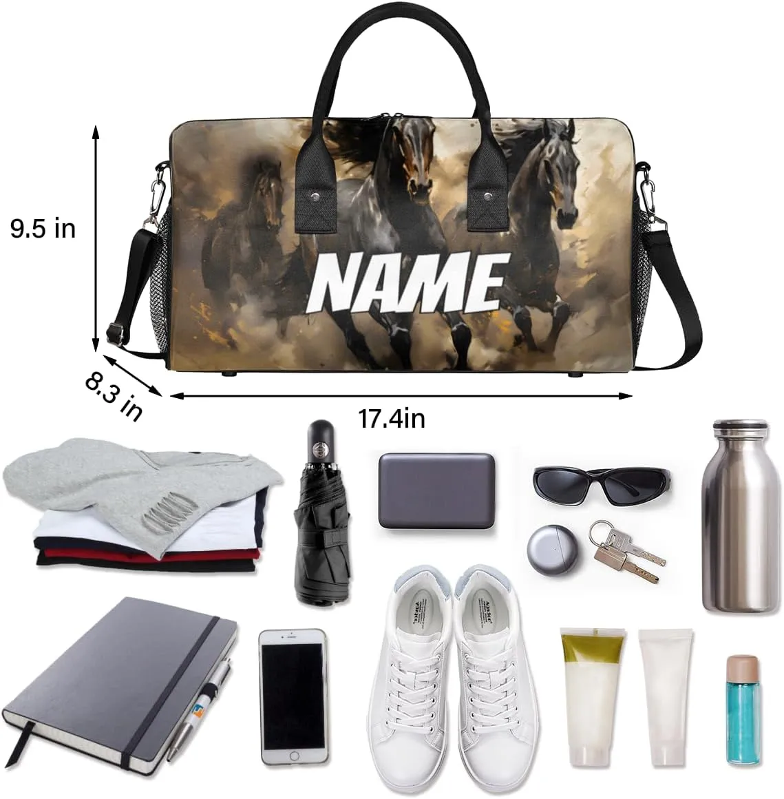 Personalized Wild Horse Travel Duffel Bag with Name, Custom Gym Sport Bag Running Animals Carry On Weekend Overnight Duffel Bag for Men Women