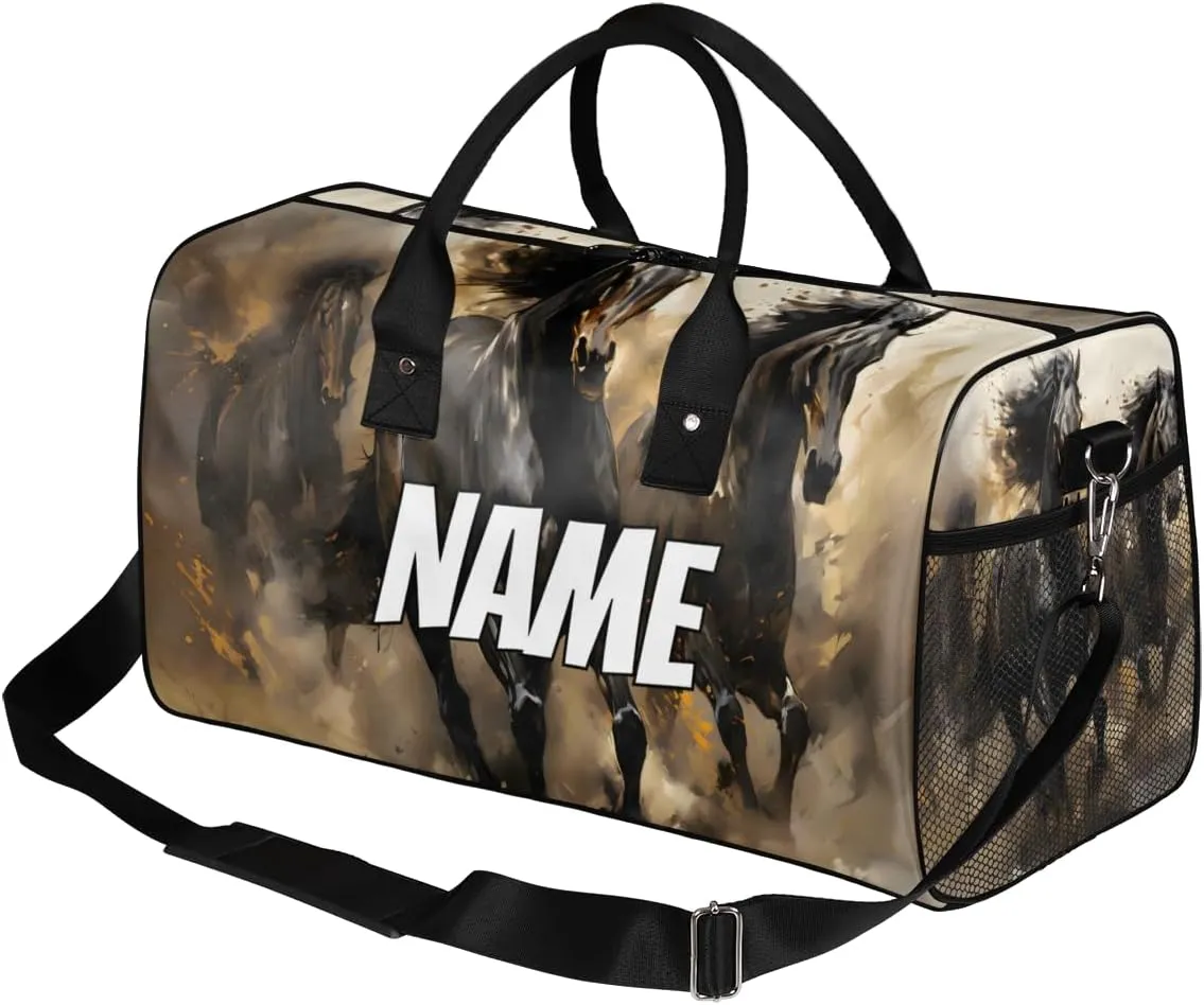 Personalized Wild Horse Travel Duffel Bag with Name, Custom Gym Sport Bag Running Animals Carry On Weekend Overnight Duffel Bag for Men Women
