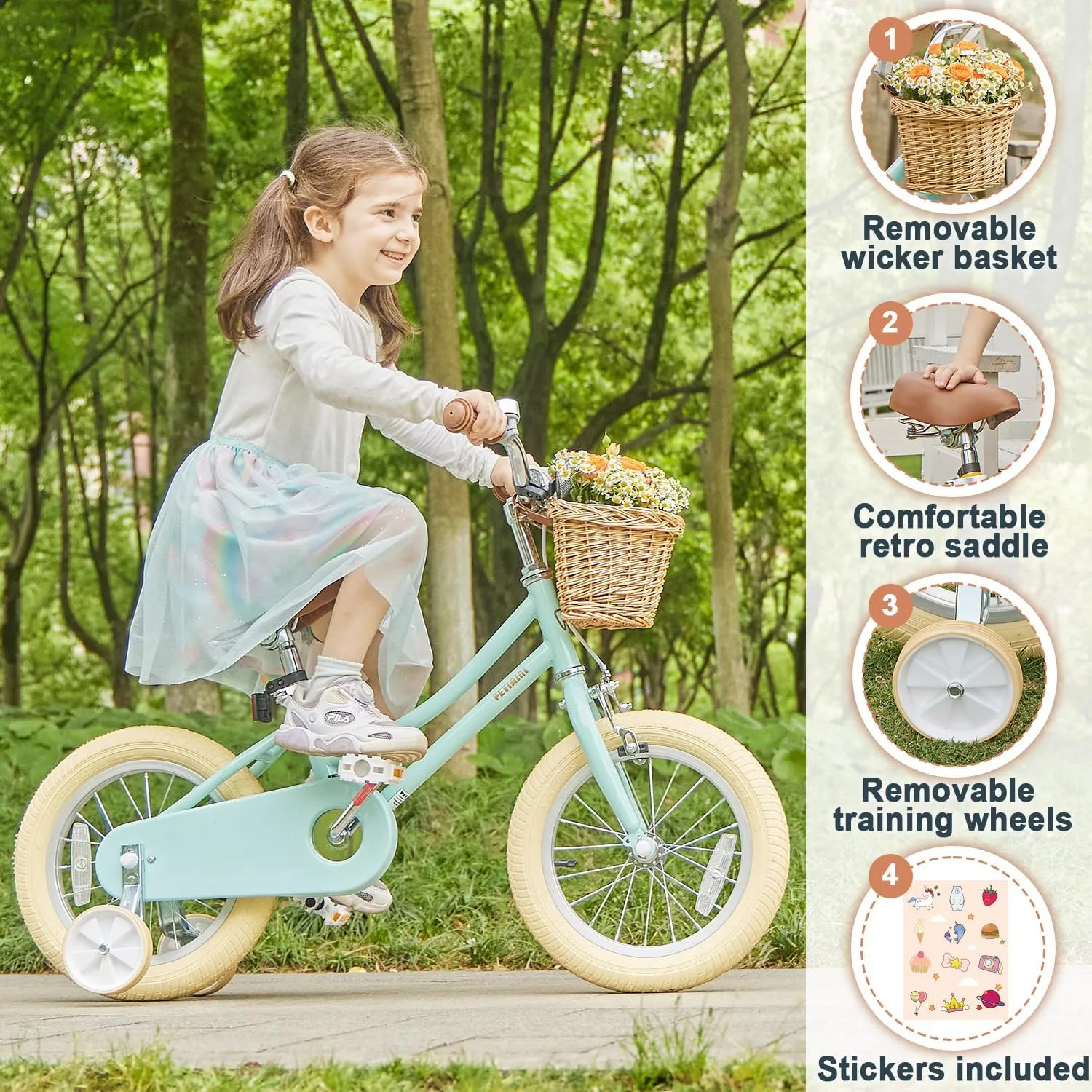 Petimini Girls Bike with Basket for 2-12 Years Old Kids, 12 14 16 18 20 Inch Bicycle with Bell Training Wheels, Multiple Colors