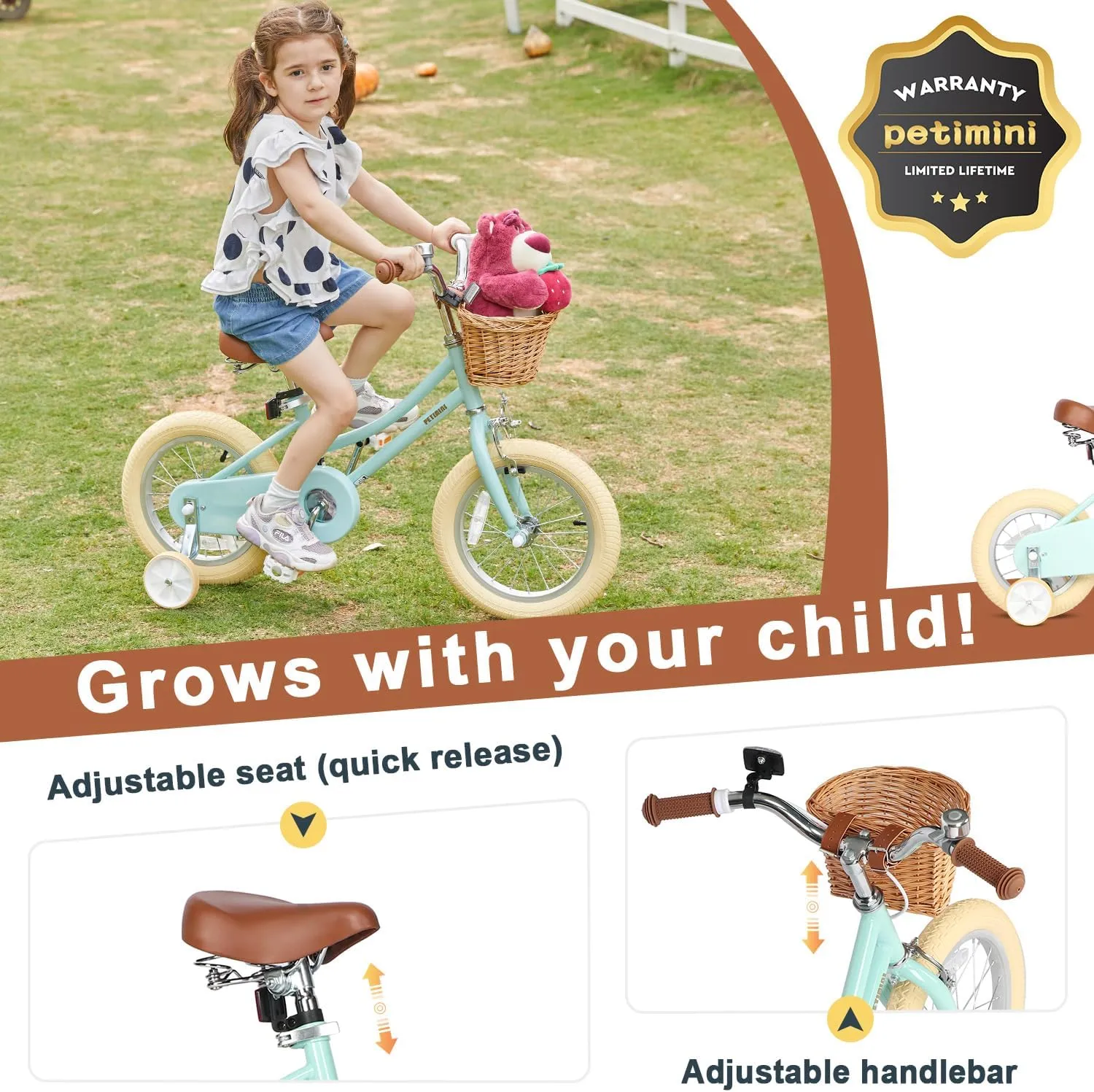 Petimini Girls Bike with Basket for 2-12 Years Old Kids, 12 14 16 18 20 Inch Bicycle with Bell Training Wheels, Multiple Colors