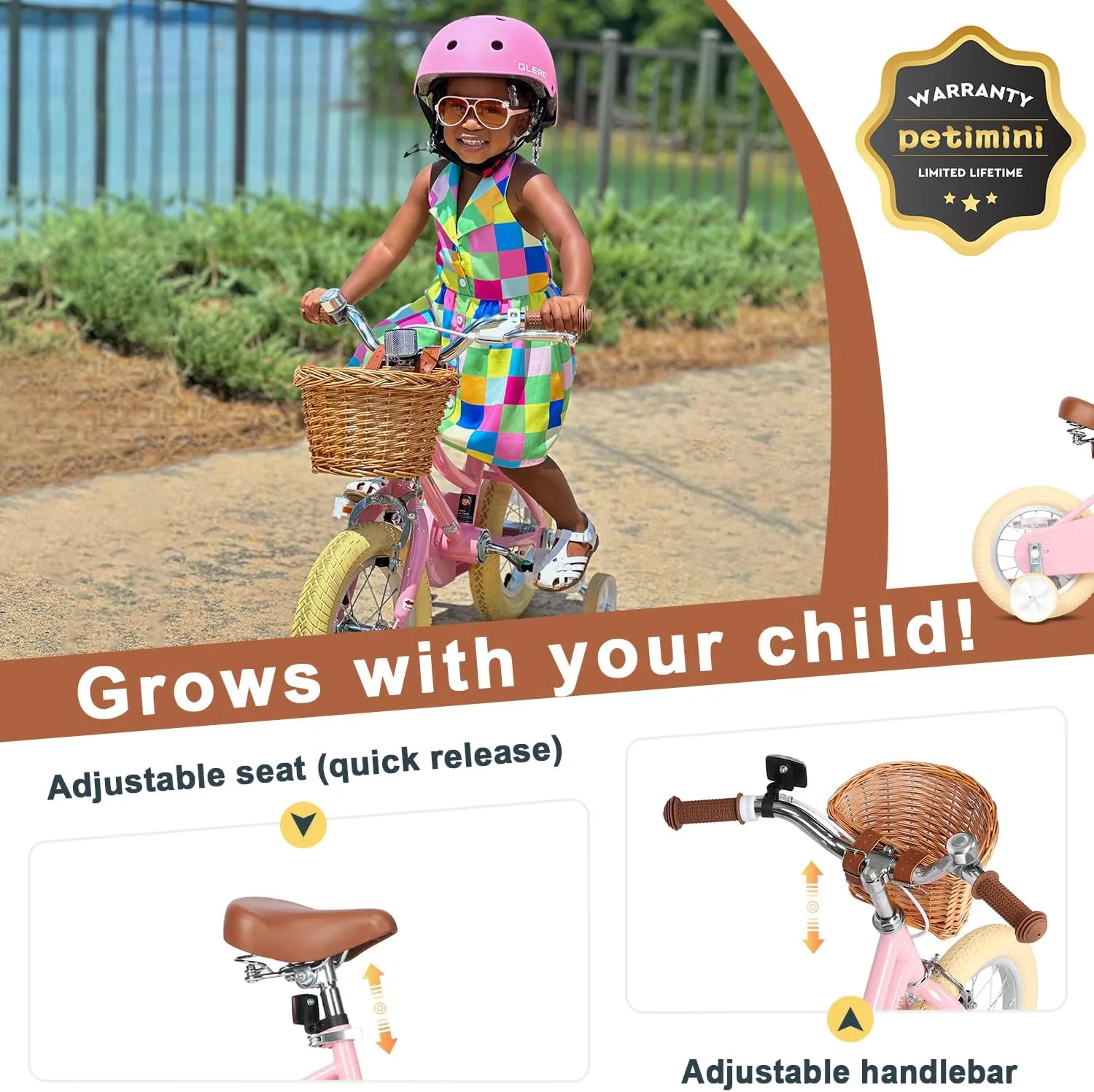Petimini Girls Bike with Basket for 2-12 Years Old Kids, 12 14 16 18 20 Inch Bicycle with Bell Training Wheels, Multiple Colors
