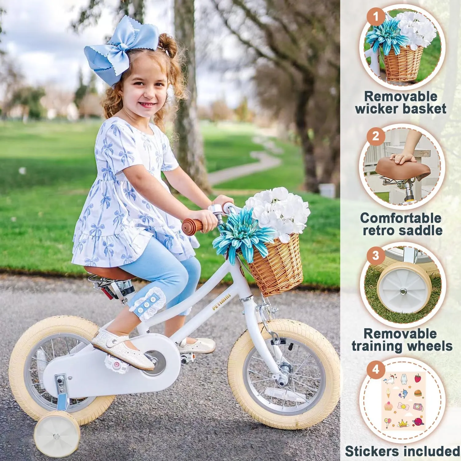 Petimini Girls Bike with Basket for 2-12 Years Old Kids, 12 14 16 18 20 Inch Bicycle with Bell Training Wheels, Multiple Colors