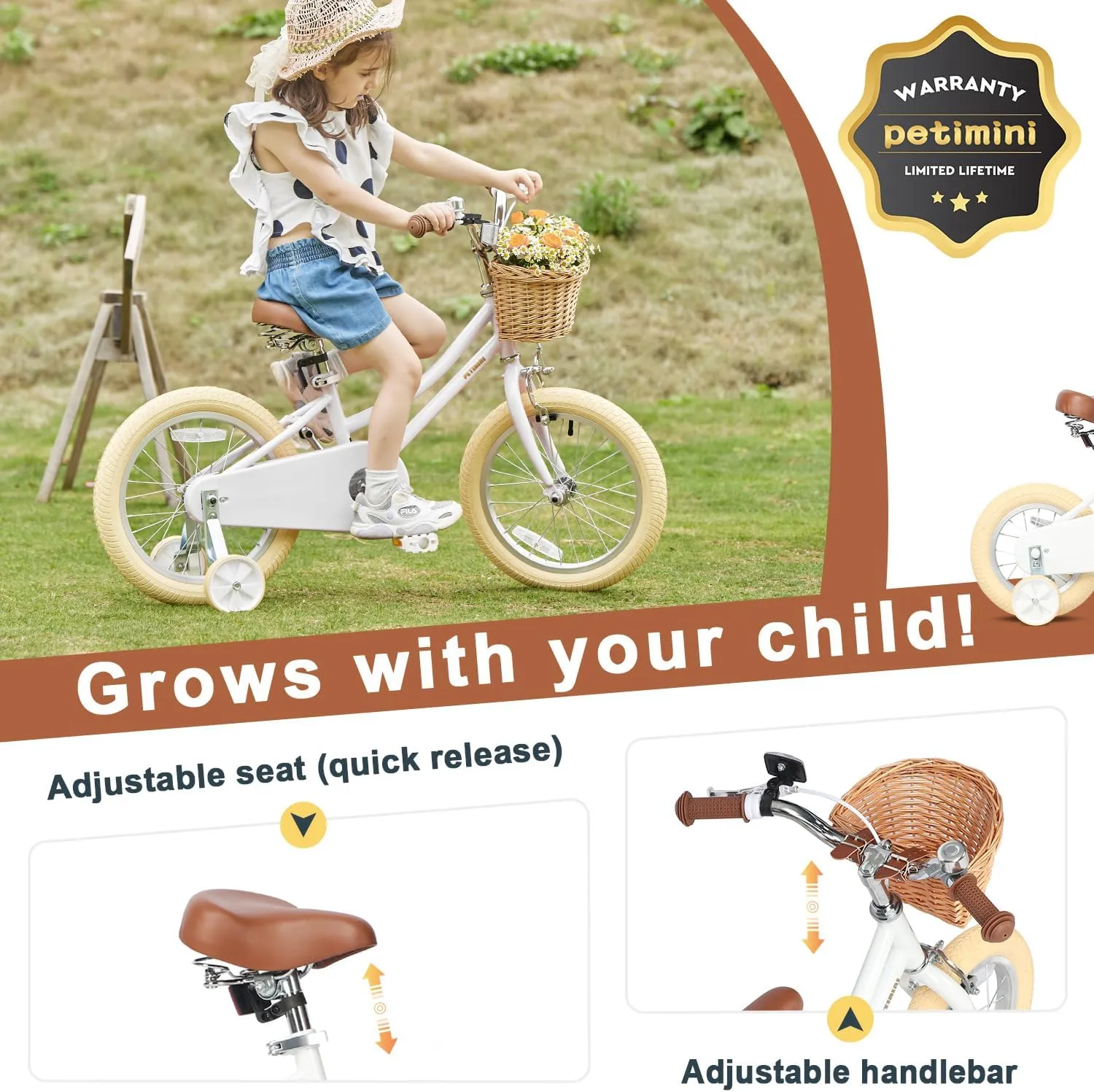 Petimini Girls Bike with Basket for 2-12 Years Old Kids, 12 14 16 18 20 Inch Bicycle with Bell Training Wheels, Multiple Colors