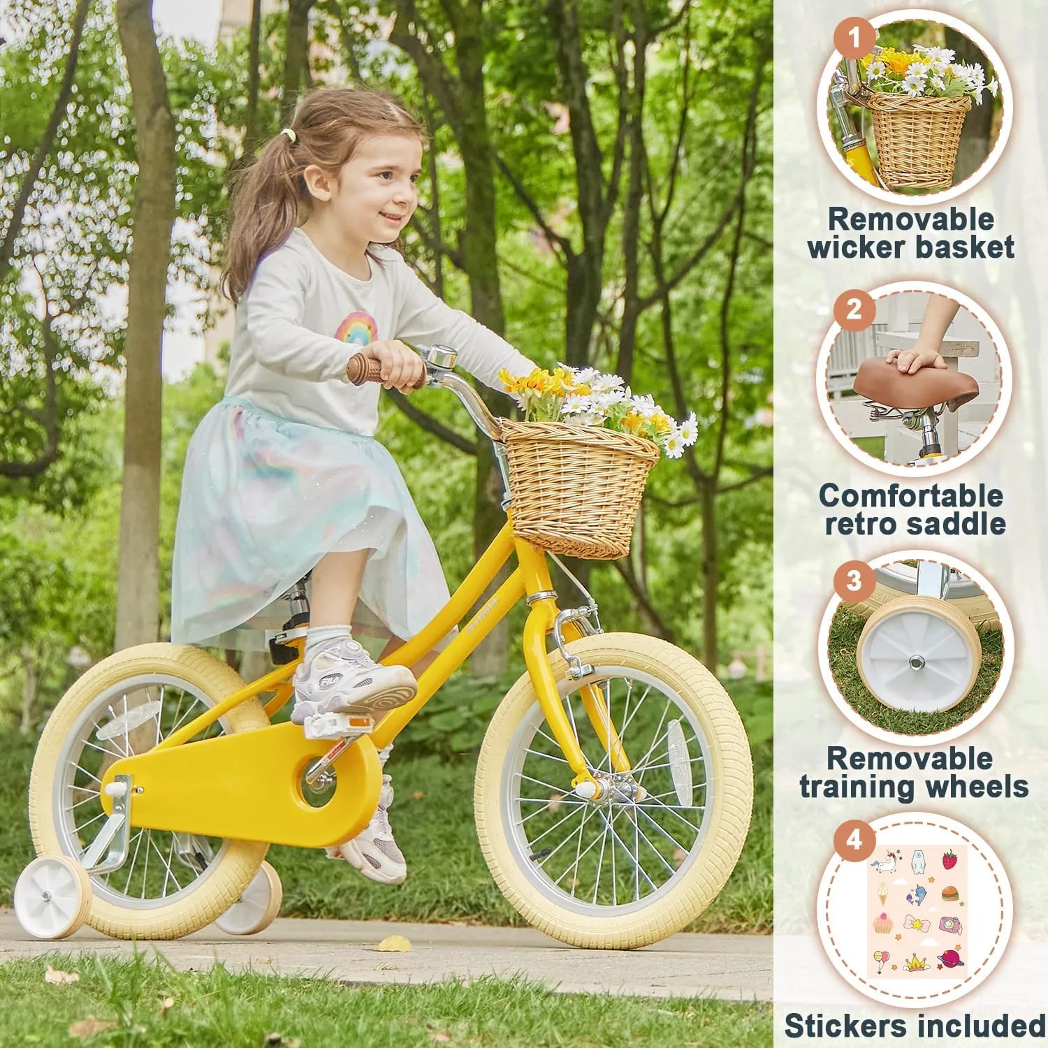 Petimini Girls Bike with Basket for 2-12 Years Old Kids, 12 14 16 18 20 Inch Bicycle with Bell Training Wheels, Multiple Colors