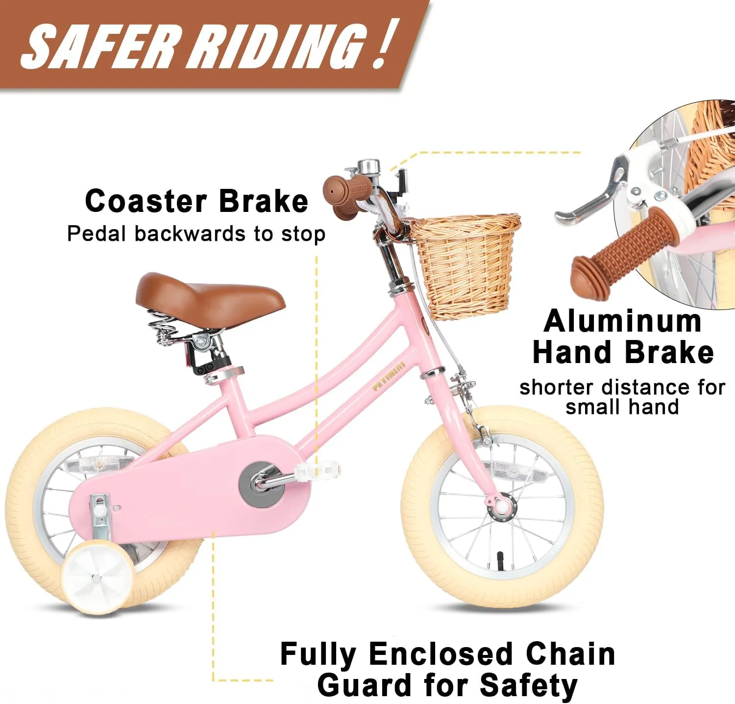 Petimini Girls Bike with Basket for 2-12 Years Old Kids, 12 14 16 18 20 Inch Bicycle with Bell Training Wheels, Multiple Colors