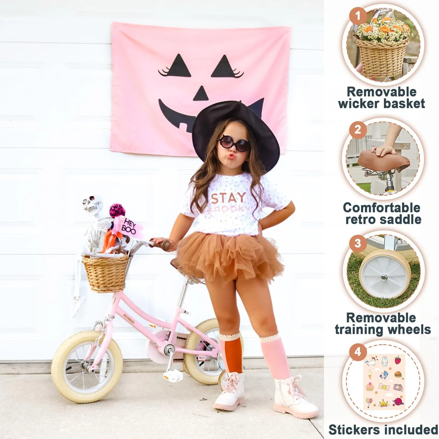 Petimini Girls Bike with Basket for 2-12 Years Old Kids, 12 14 16 18 20 Inch Bicycle with Bell Training Wheels, Multiple Colors