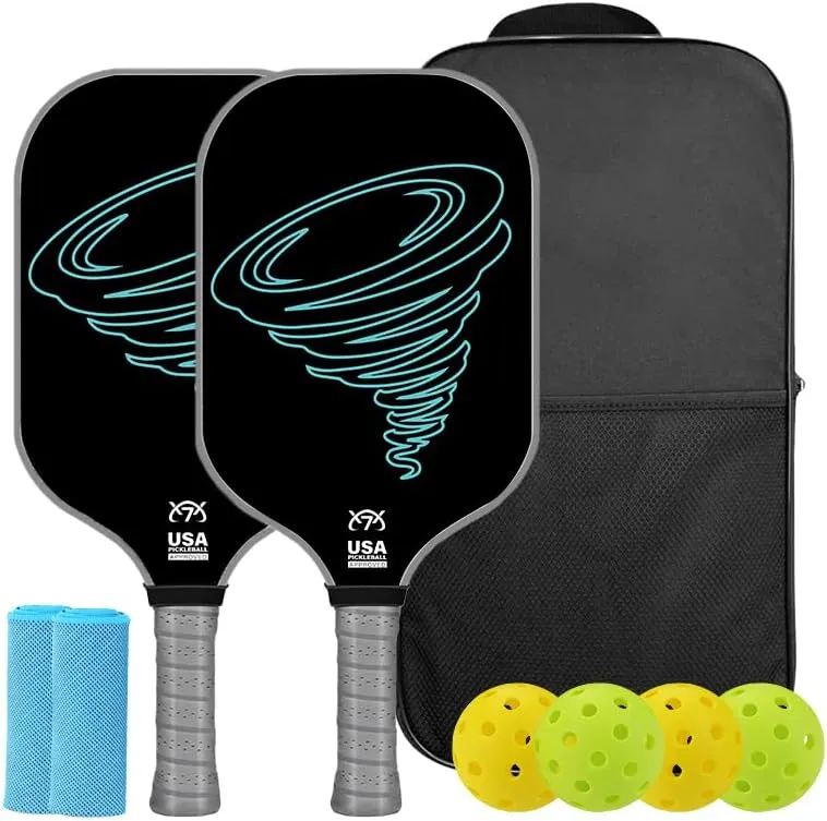 Pickleball Paddle Set,USAPA Approved 2 Fiberglass Paddles with Tornado Design, 4 Balls, Cooling Towel and Carrying Case