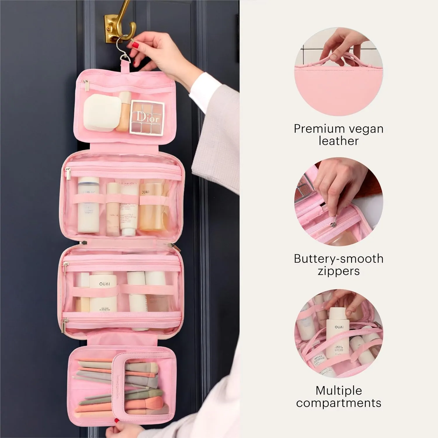 Pink Hanging Toiletry Bag for Women, Large Hanging Toiletry Bags for Traveling Women, Hanging Travel Toiletry Bag Women's Makeup Organizer for Cosmetics, Cute Large Toiletry Bags for Women Bathroom