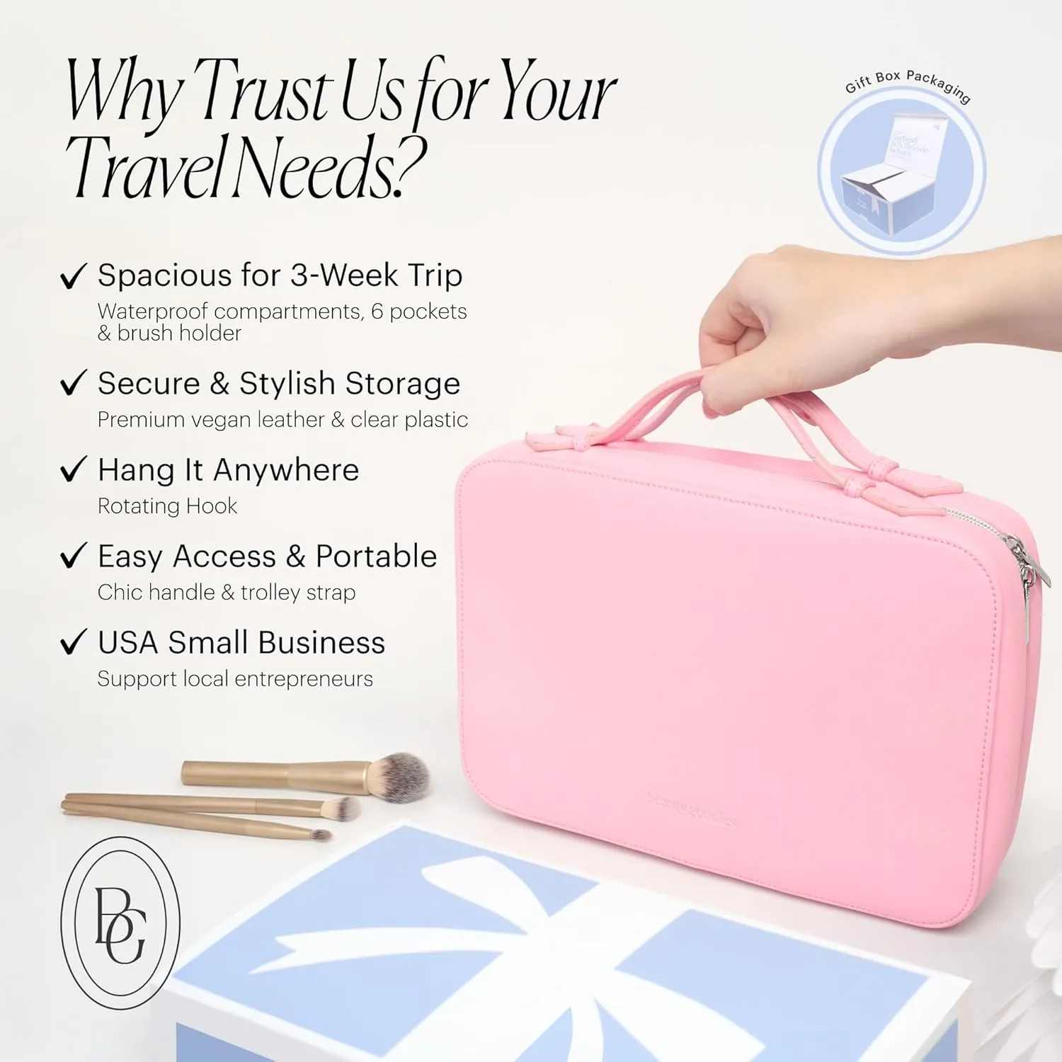 Pink Hanging Toiletry Bag for Women, Large Hanging Toiletry Bags for Traveling Women, Hanging Travel Toiletry Bag Women's Makeup Organizer for Cosmetics, Cute Large Toiletry Bags for Women Bathroom