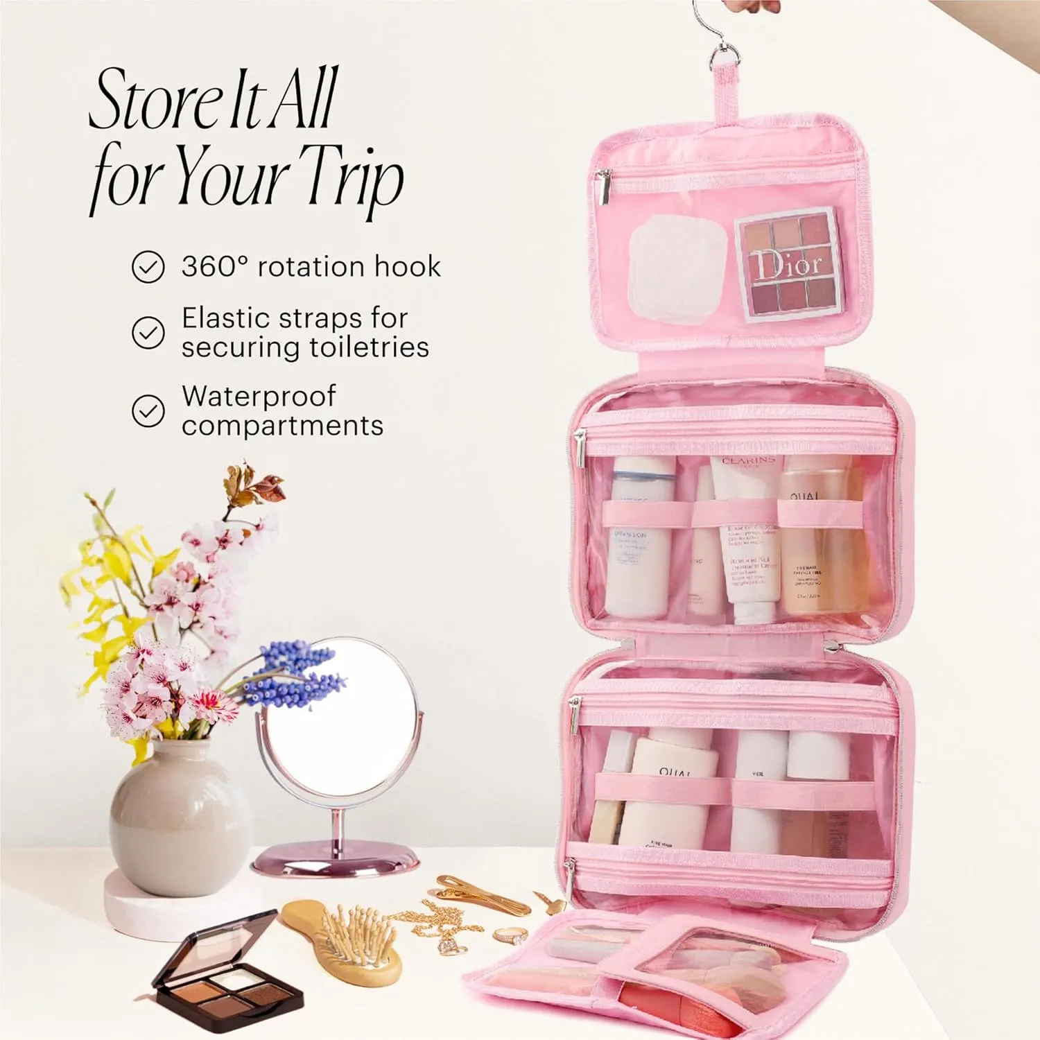 Pink Hanging Toiletry Bag for Women, Large Hanging Toiletry Bags for Traveling Women, Hanging Travel Toiletry Bag Women's Makeup Organizer for Cosmetics, Cute Large Toiletry Bags for Women Bathroom