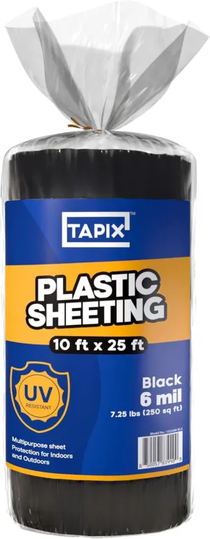 Plastic Sheeting (10' x 25') Long, 6 Mil (Black) - UV Protection Poly Sheeting Polyethylene Film, Heavy Duty Greenhouse Plastic Sheeting