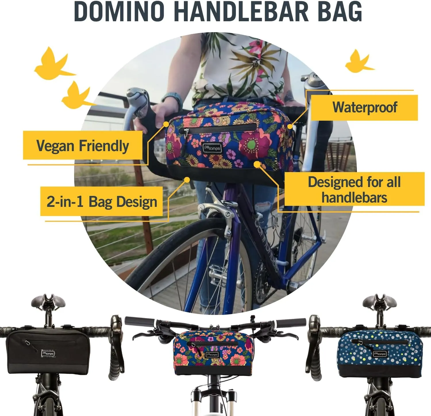 Po Campo Domino Handlebar Bag - Large, Waterproof Bicycle Storage Baskets for Front Mount - Lightweight Bike Bags That Convert To Crossbody (Meadow)