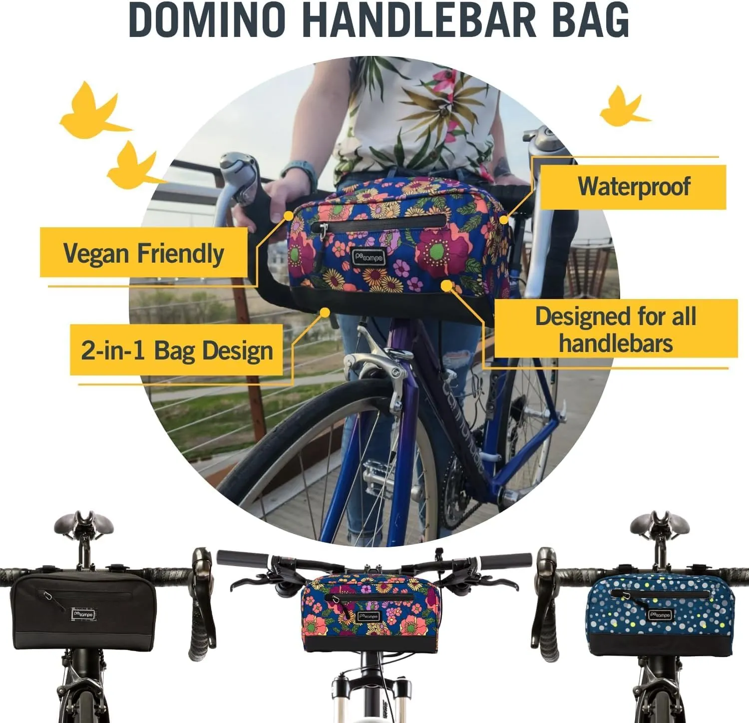 Po Campo Domino Handlebar Bag - Large, Waterproof Bicycle Storage Baskets for Front Mount - Lightweight Bike Bags That Convert To Crossbody (Waves)