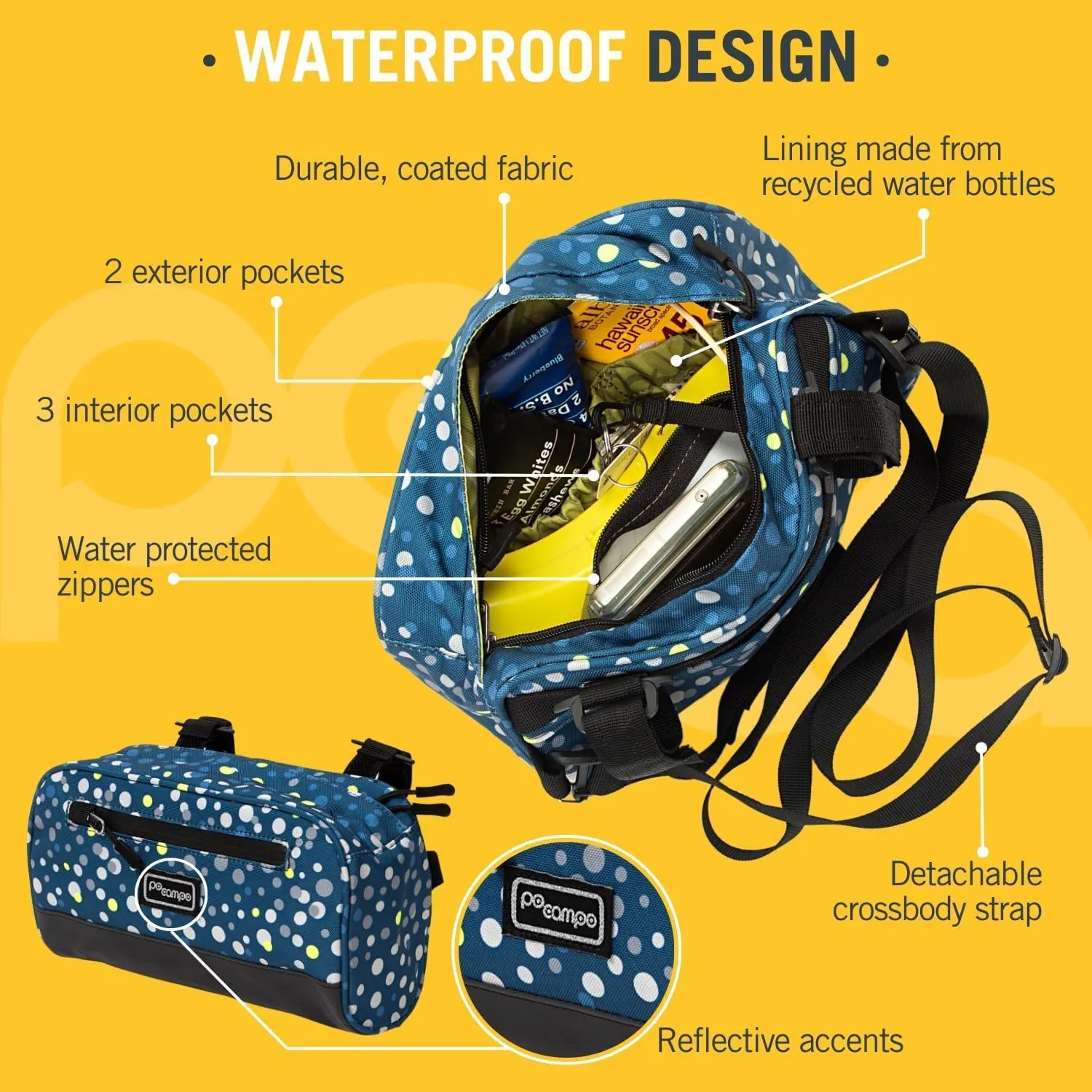 Po Campo Domino Handlebar Bag - Large, Waterproof Bicycle Storage Baskets for Front Mount - Lightweight Bike Bags That Convert To Crossbody (Waves)