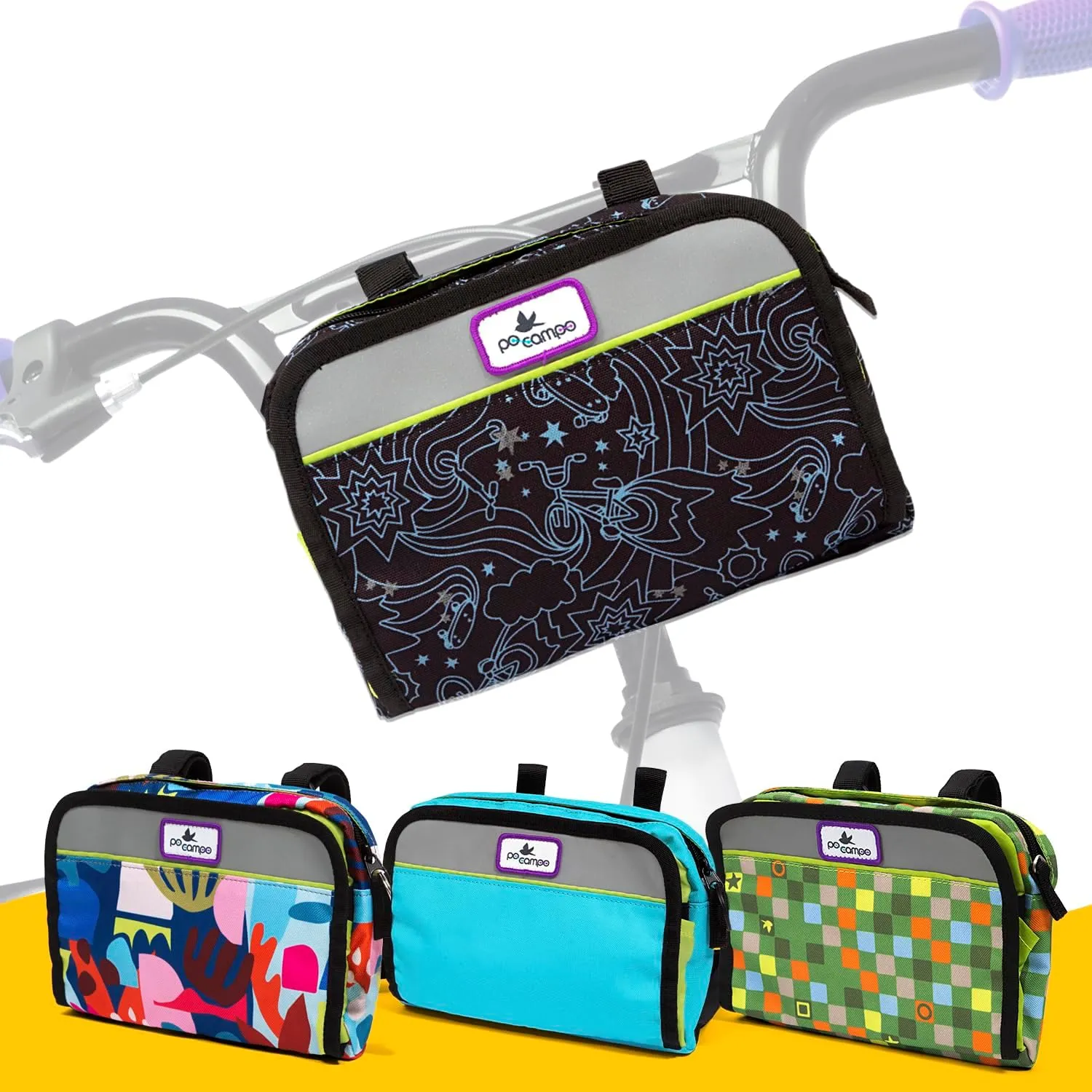 Po Campo Kids Bicycle Bag - Speedy Front Frame Bike Handlebar Bag Fabric Bike Basket Waterproof Front Mount Bike Bag for Boys Girls Bike or Scooter Handle Bars Converts to Crossbody Bag