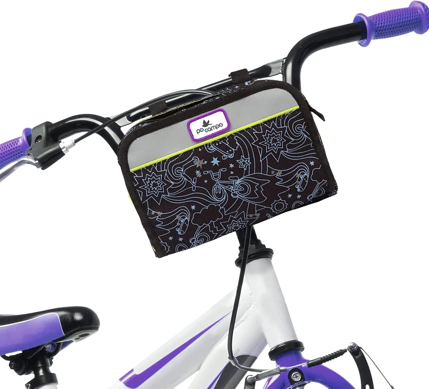 Po Campo Kids Bicycle Bag - Speedy Front Frame Bike Handlebar Bag Fabric Bike Basket Waterproof Front Mount Bike Bag for Boys Girls Bike or Scooter Handle Bars Converts to Crossbody Bag