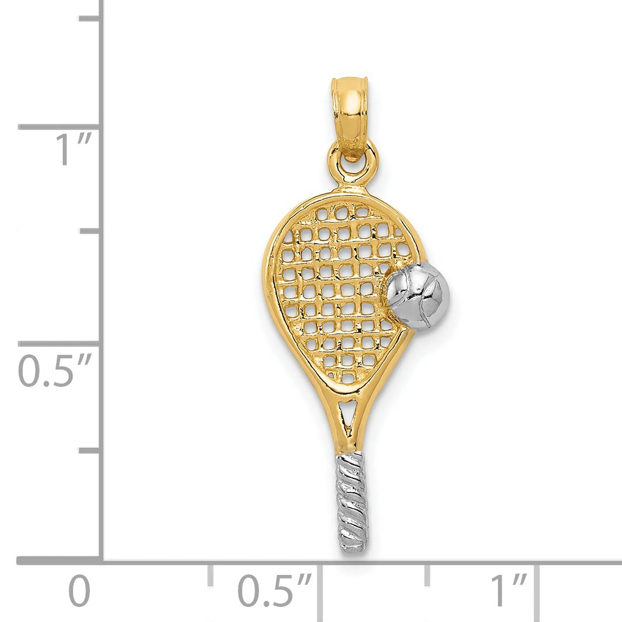 Polished Tennis Racquet And Ball Charm Pendant in Real 14k Multi-Tone Gold