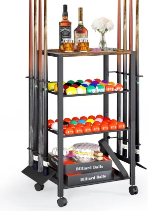 Pool Stick Holder Rack Stand for 8 Cue Sticks - Billiard Game Room Storage Cart with Organizer for Balls, Pool Table Accessories and Equipment - Heavy Duty Floor Stand Cue Stick Rack for Home or Bar