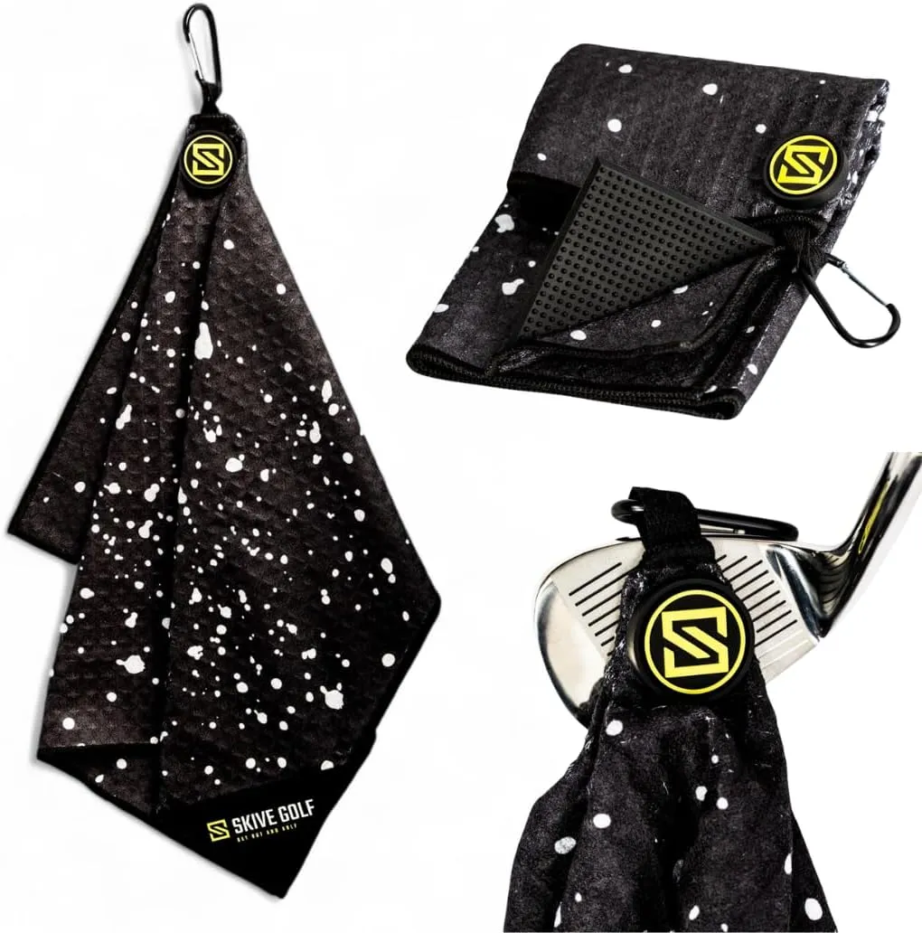 Premium Magnetic Golf Towel | Super Strong Magnet | Absorbent Microfiber Waffle Design | Built-in Silicone Brush | Golf Towels for Golf Bags (Black w/White Drip)