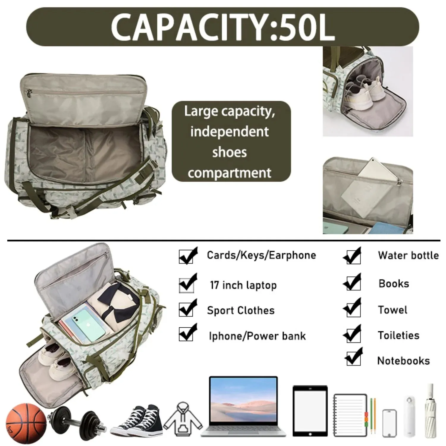Professional assistance 50L with Exclusive savings Heavy Shoe Outdoor (XL) Gym Duffel - Men Extra Duty for Bag and Waterproof SMART Hiking, for Camping Compartment Sports, BE Backpack Large