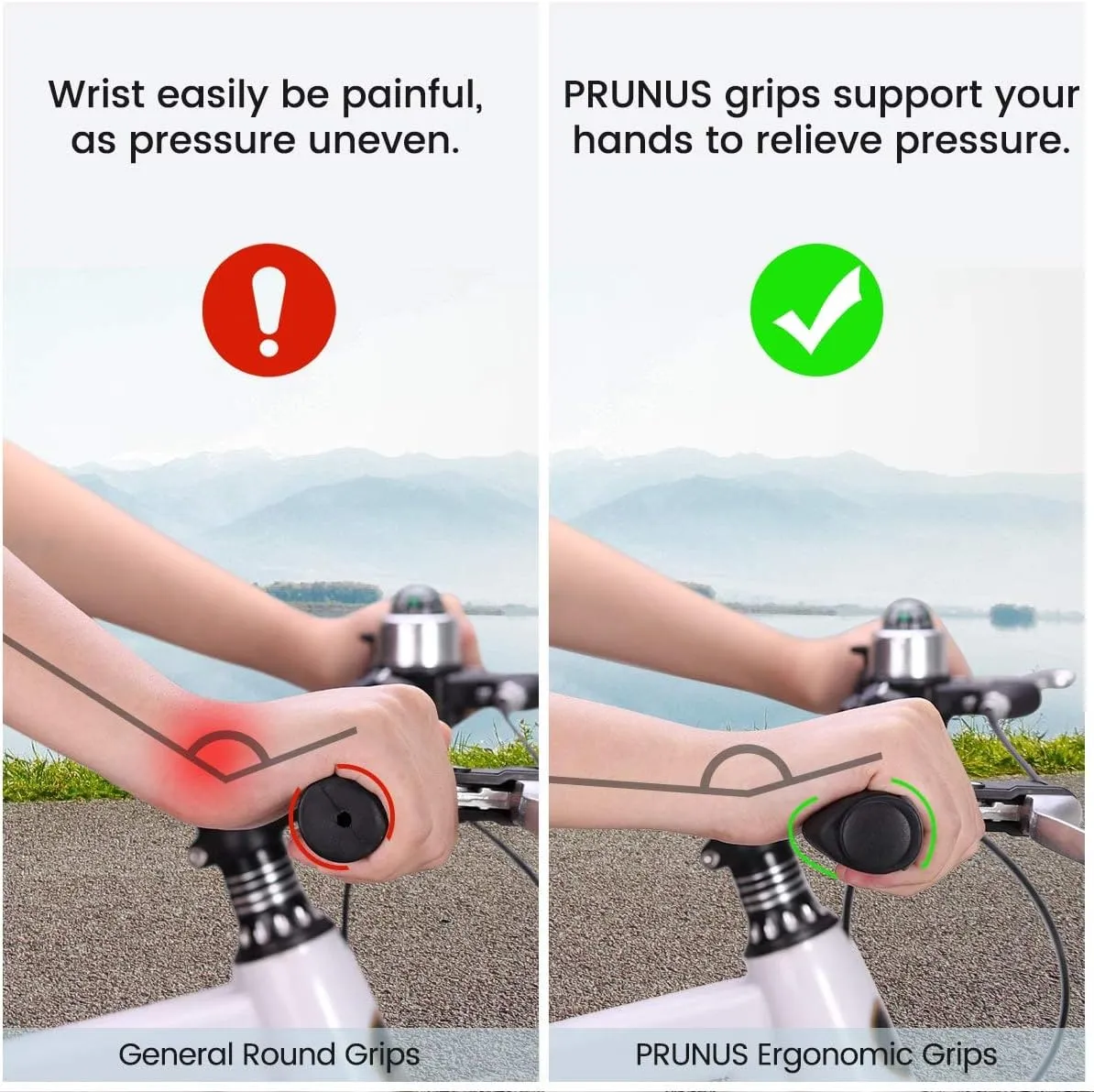 PRUNUS No-Slip Soft Rubber Bike Handlebar Grips Universal for Bicyble, MTB, BMX Mountain Bike, E-Bike, Scooter, Beach Cruiser, City Commuter Bikes, Universal Size Bike Grips for Adult, Bike Grips