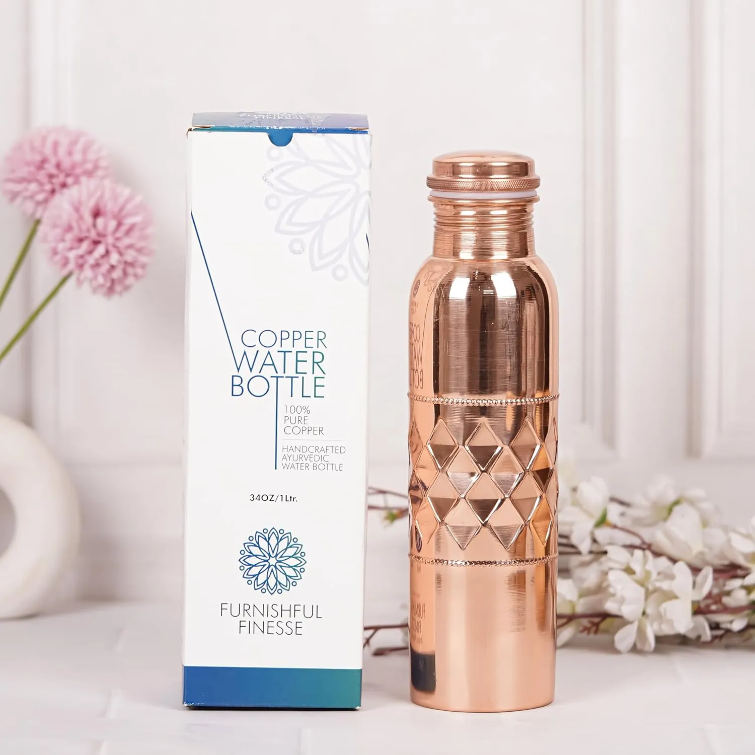 Pure Copper Water Bottle for Drinking 34 Ounce 100% Large CU Vessel with Carry Bags for Yoga Gym Meditation Ayurvedic Bottle - 1000 ml/ 1 L (Pack of 1, Natural Copper Bottle)