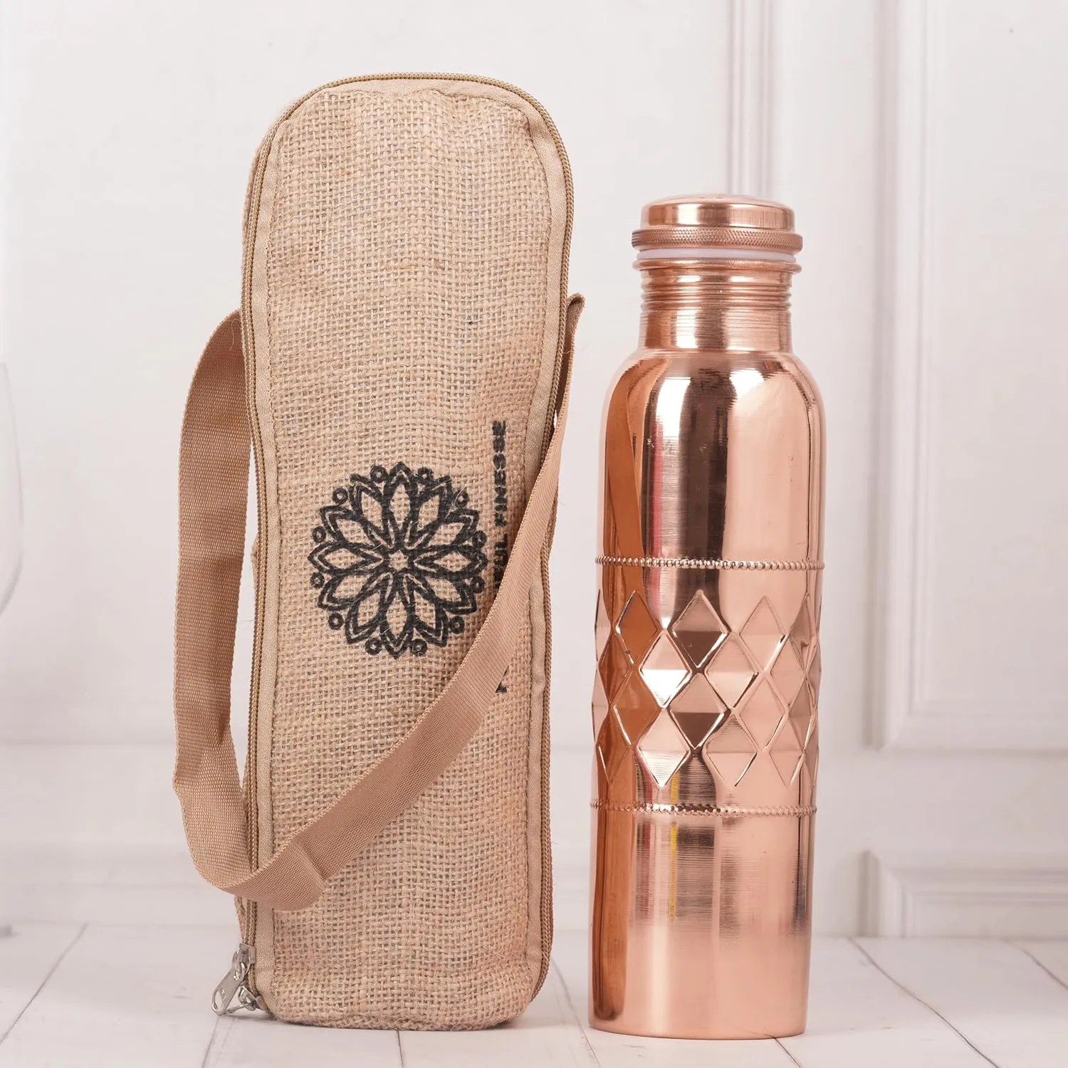 Pure Copper Water Bottle for Drinking 34 Ounce 100% Large CU Vessel with Carry Bags for Yoga Gym Meditation Ayurvedic Bottle - 1000 ml/ 1 L (Pack of 1, Natural Copper Bottle)