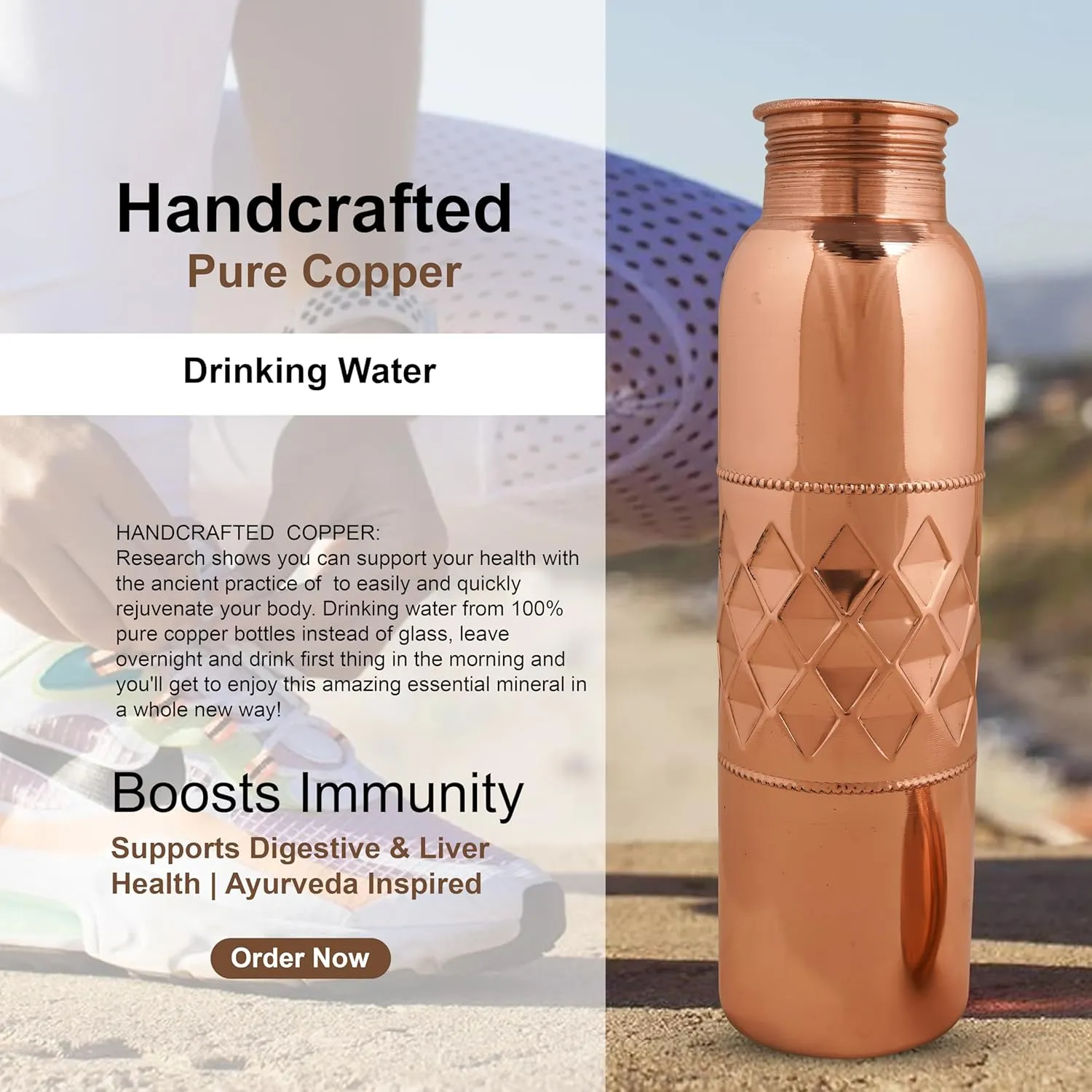 Pure Copper Water Bottle for Drinking 34 Ounce 100% Large CU Vessel with Carry Bags for Yoga Gym Meditation Ayurvedic Bottle - 1000 ml/ 1 L (Pack of 1, Natural Copper Bottle)