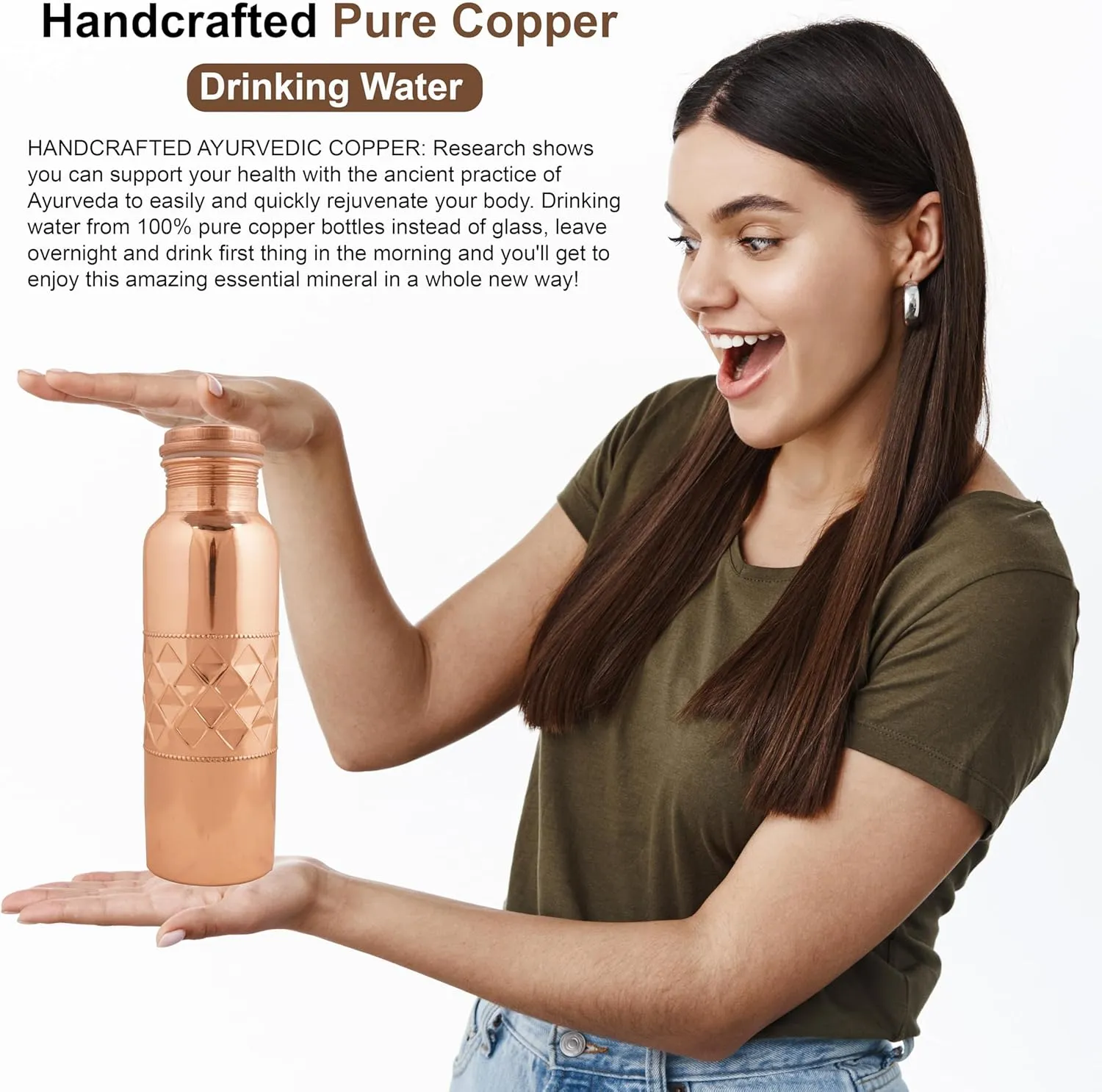 Pure Copper Water Bottle for Drinking 34 Ounce 100% Large CU Vessel with Carry Bags for Yoga Gym Meditation Ayurvedic Bottle - 1000 ml/ 1 L (Pack of 1, Natural Copper Bottle)