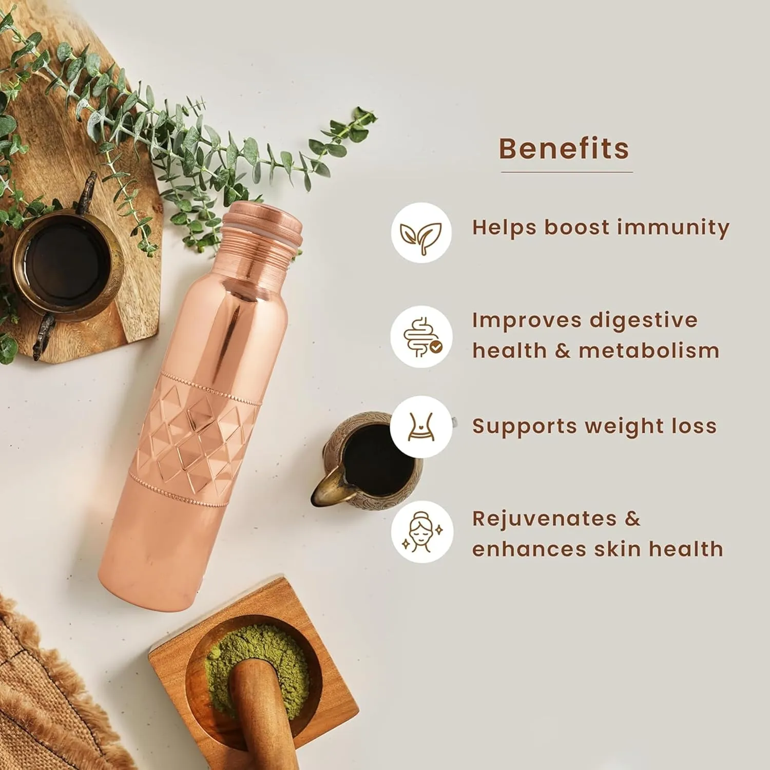 Pure Copper Water Bottle for Drinking 34 Ounce 100% Large CU Vessel with Carry Bags for Yoga Gym Meditation Ayurvedic Bottle - 1000 ml/ 1 L (Pack of 1, Natural Copper Bottle)