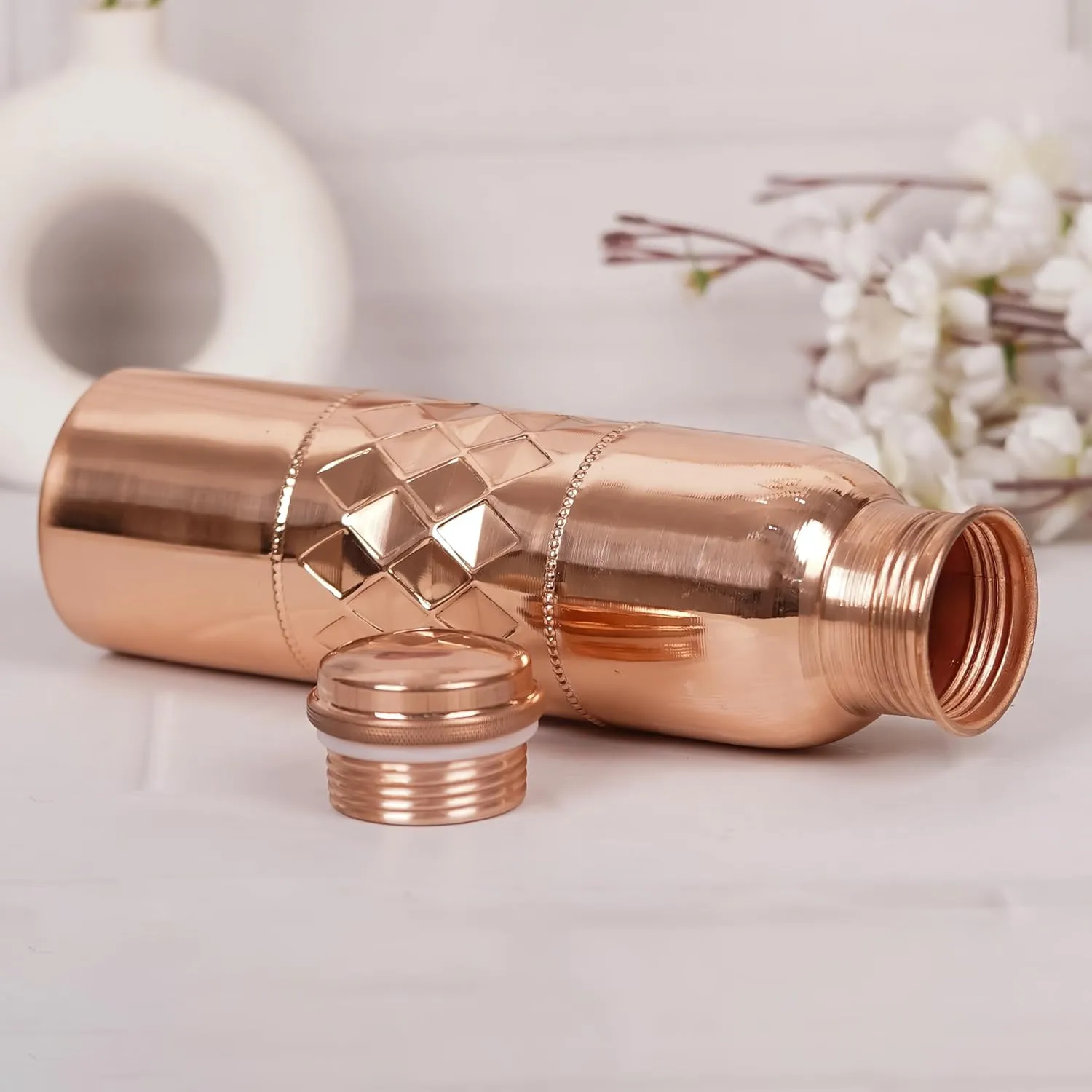 Pure Copper Water Bottle for Drinking 34 Ounce 100% Large CU Vessel with Carry Bags for Yoga Gym Meditation Ayurvedic Bottle - 1000 ml/ 1 L (Pack of 1, Natural Copper Bottle)
