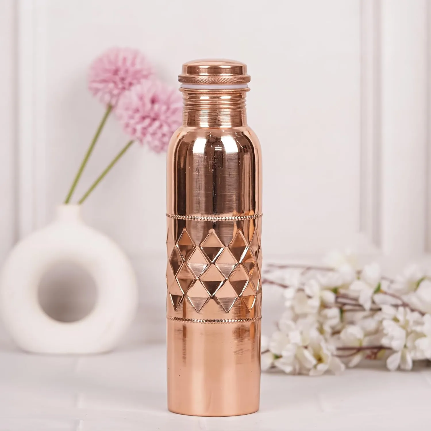 Pure Copper Water Bottle for Drinking 34 Ounce 100% Large CU Vessel with Carry Bags for Yoga Gym Meditation Ayurvedic Bottle - 1000 ml/ 1 L (Pack of 1, Natural Copper Bottle)