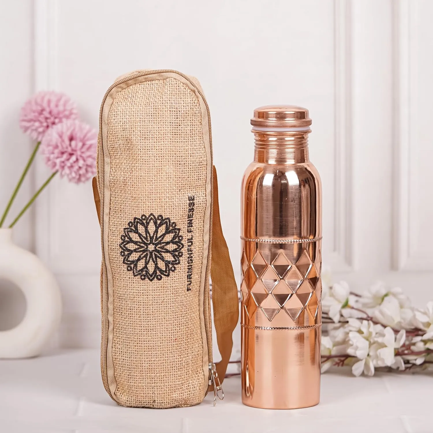 Pure Copper Water Bottle for Drinking 34 Ounce 100% Large CU Vessel with Carry Bags for Yoga Gym Meditation Ayurvedic Bottle - 1000 ml/ 1 L (Pack of 1, Natural Copper Bottle)