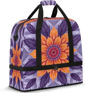 Purple Ethnic FlowersTravel Duffel Bags for Women & Men Large Sports Gym Bags Foldie Weekender Overnight Bag Carry On Tote Bag With Shoe Compartment Personal Item Bag for Travel Sports Gym