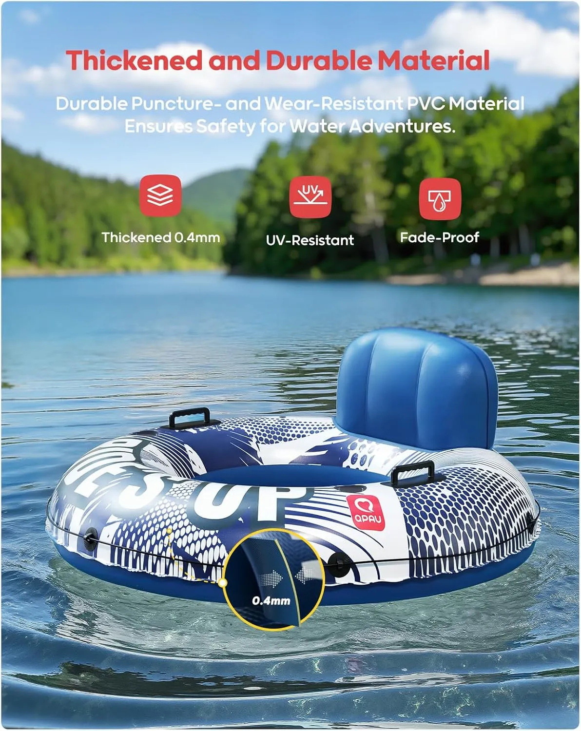 QPAU Inflatable River Tube, 0.4 mm Thickened Puncture-Resistant Heavy Duty River Float, River Raft with Ergonomic Backrest, Mesh Bottom & 2 Cup Holders for Family Friends Lake Float