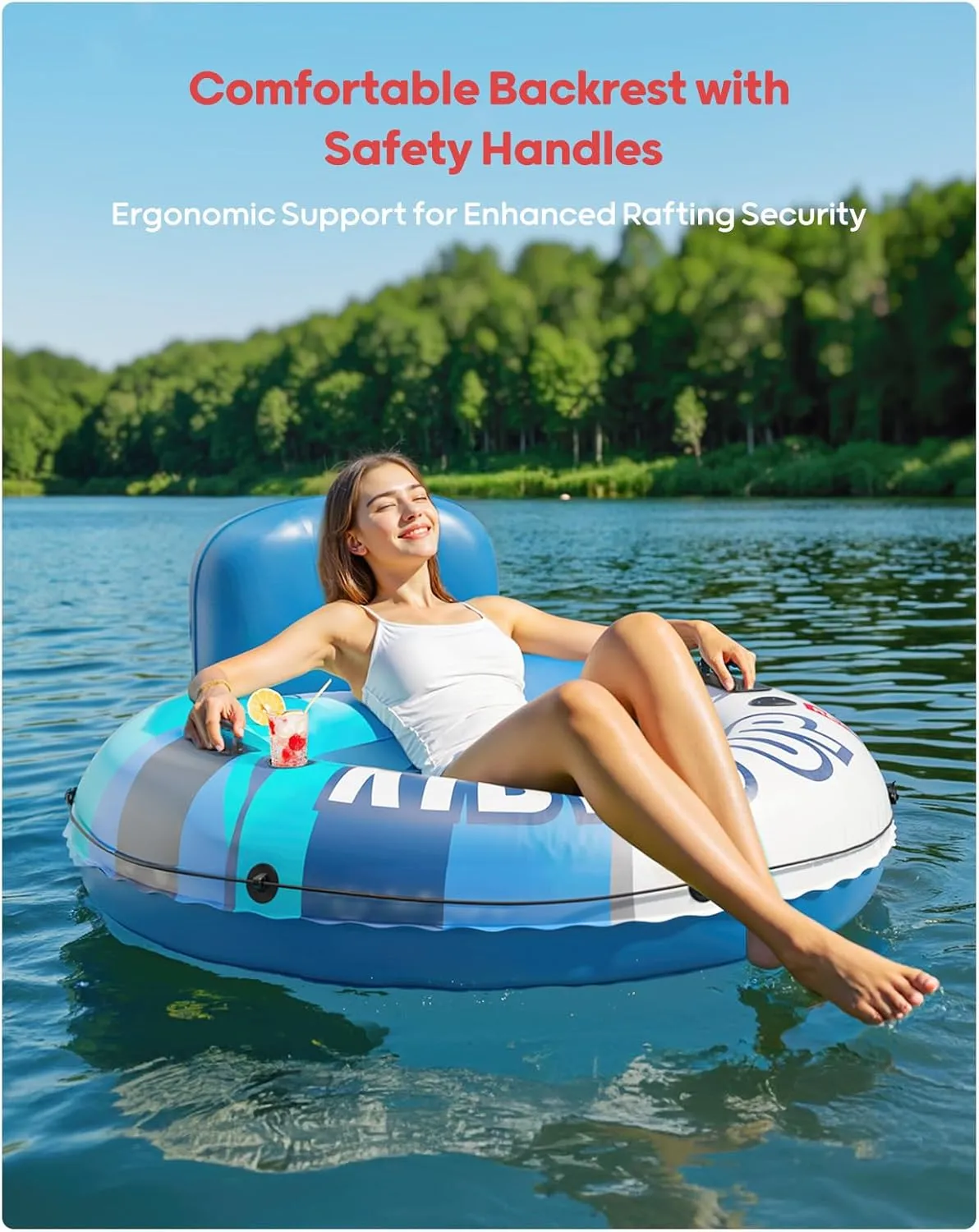 QPAU Inflatable River Tube, 0.4 mm Thickened Puncture-Resistant Heavy Duty River Float, River Raft with Ergonomic Backrest, Mesh Bottom & 2 Cup Holders for Family Friends Lake Float