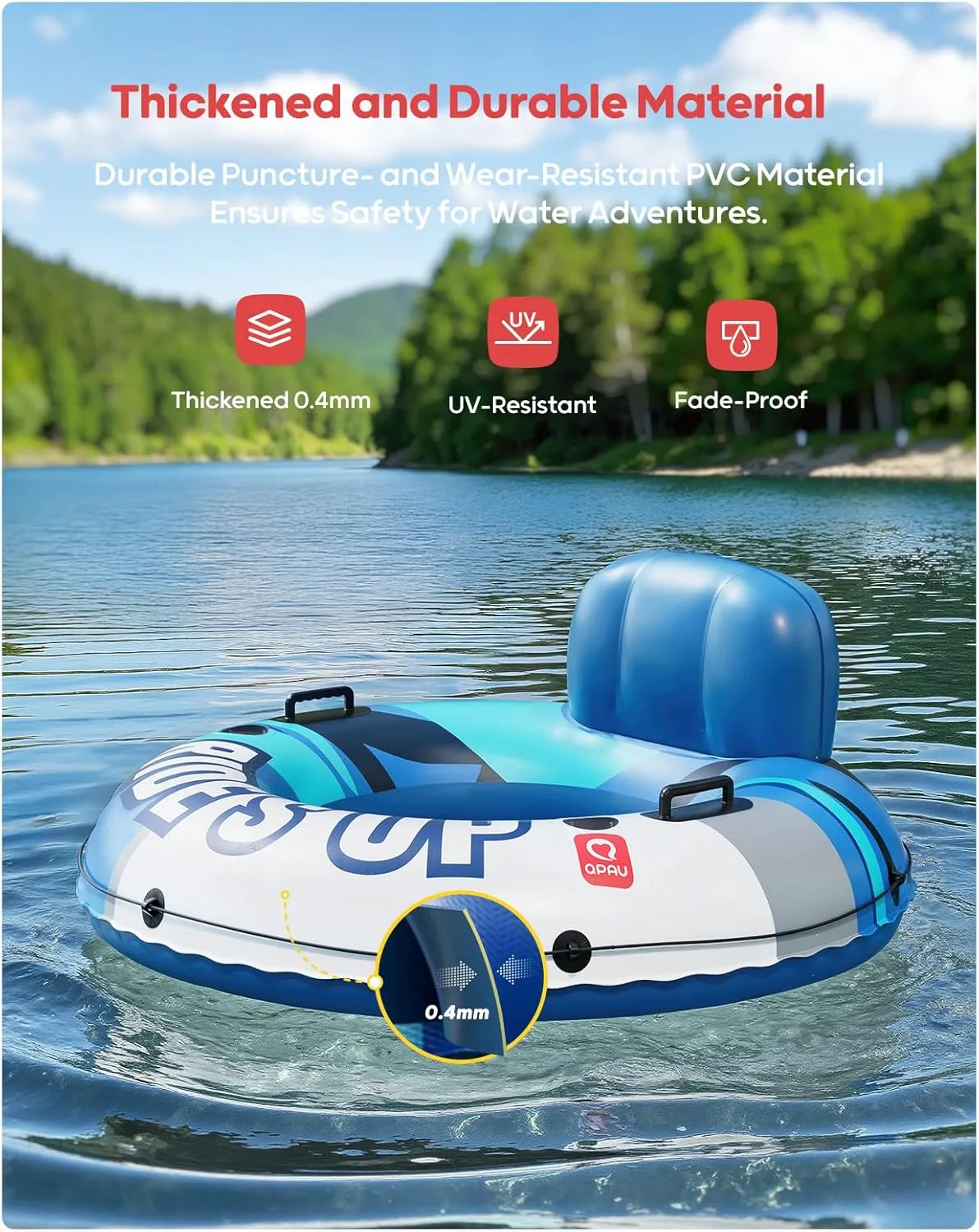 QPAU Inflatable River Tube, 0.4 mm Thickened Puncture-Resistant Heavy Duty River Float, River Raft with Ergonomic Backrest, Mesh Bottom & 2 Cup Holders for Family Friends Lake Float