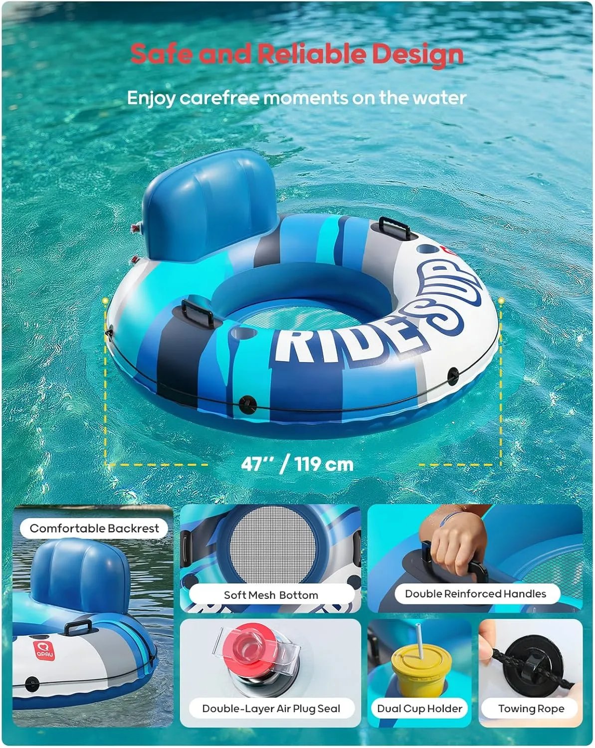 QPAU Inflatable River Tube, 0.4 mm Thickened Puncture-Resistant Heavy Duty River Float, River Raft with Ergonomic Backrest, Mesh Bottom & 2 Cup Holders for Family Friends Lake Float