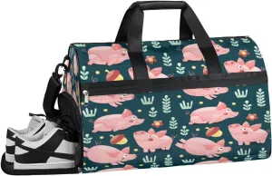 QsirBC Cartoon Pink Pigs Motif Gym Bag for Women Duffle Tote with Shoes Compartment Men Weekender Duffel For Travel Sports Swimming Overnight