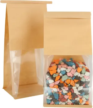 QTLCOHD 100Pcs Brown Paper Bread Bags with Window, 5.1 x 4.3 x 11 Inch, Tin Tie Tab Lock Pastry Paper Bakery Bags for Packaging Cookies, Loaf, Popcorn