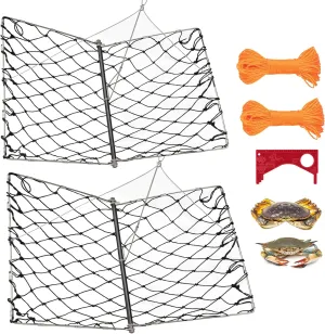 QualyQualy 2 Set Castable Crab Trap, Foldable Crabbing Net with Rope & Bait Clip, Crab Snare/Pots/Traps for Blue Crabs, Dungeness, Crawfish Portable Crabbing Equipment