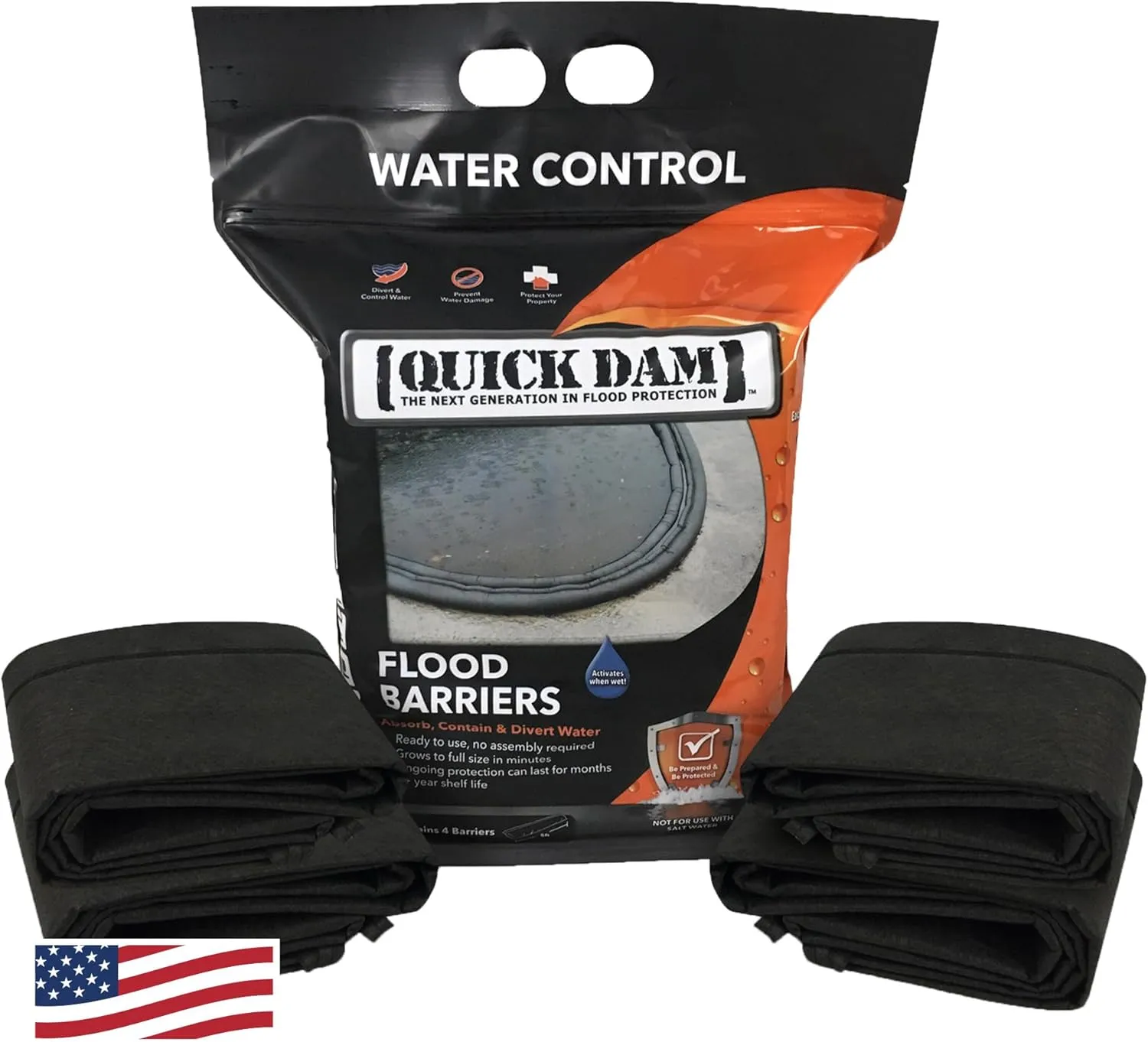 Quick Dam QD65-4 Water Activated 5ft Flood Barrier, 4 Pack, Black