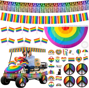 R HORSE LGBT Golf Cart Decoration Kit - 40Pcs Gay Pride Rainbow Parade Golf Cart Decor with Pleated Fan Flag, Tassel, Banner, Flags and Stickers for LGBT Pride Month Rainbow Festival Parade Events
