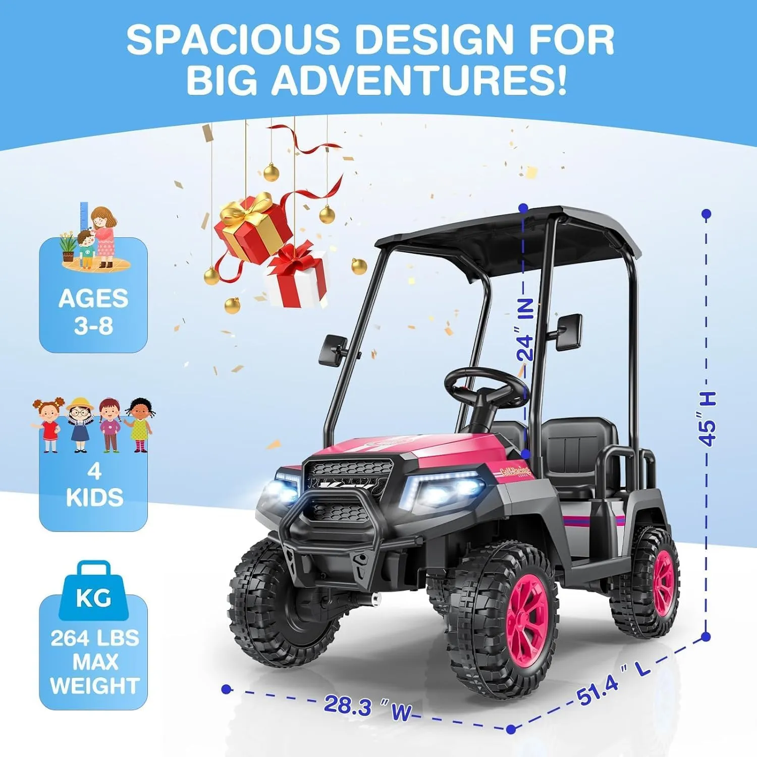 R9 24V Kids Golf Cart, 4 Seats, 4WD Kids Electric Car w/Remote Control, Detachable Awning, Spring Suspension, Multimedia Functions Including Music, Story, Wireless Connection, Horn, Power Display