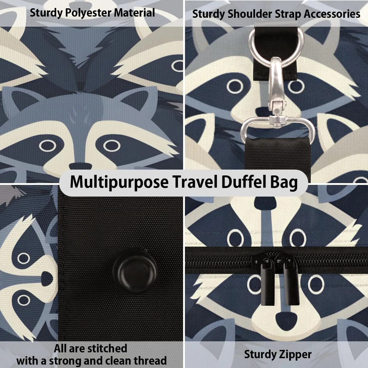 Raccoon Travel Duffle Bag, Sports Gym Bags for Women Men, Carry On Weekender Overnight Bag, Cute Workout Hospital Airplane Trips Bag