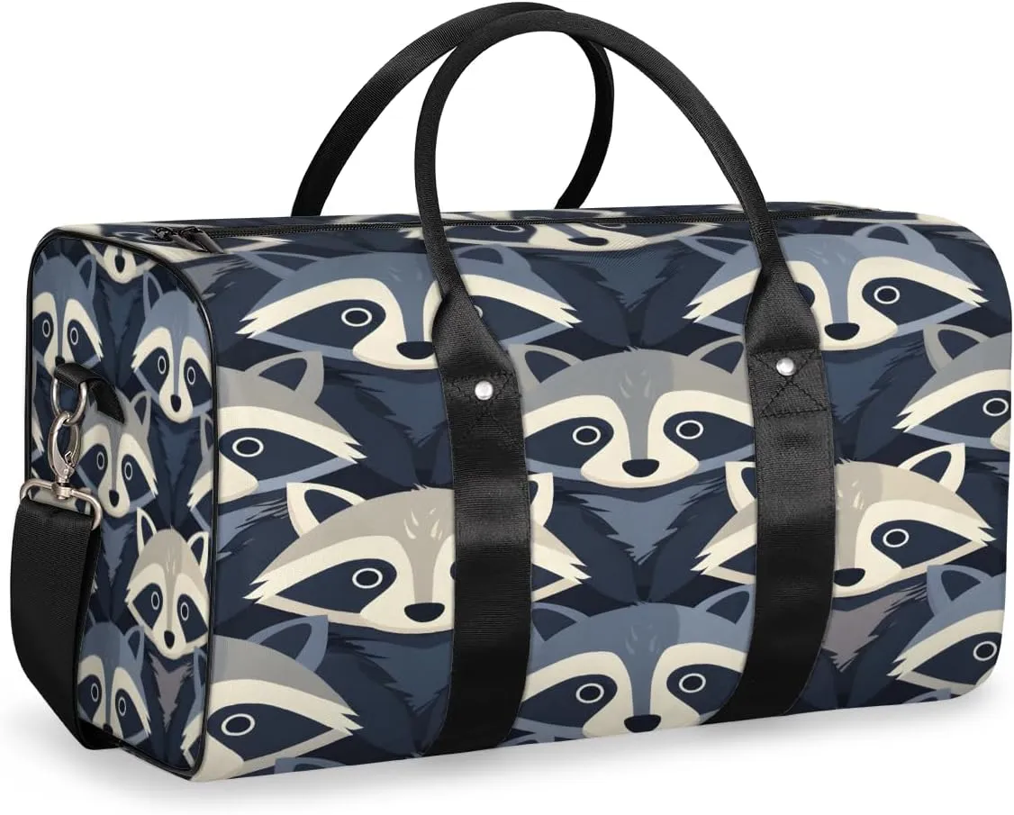 Raccoon Travel Duffle Bag, Sports Gym Bags for Women Men, Carry On Weekender Overnight Bag, Cute Workout Hospital Airplane Trips Bag