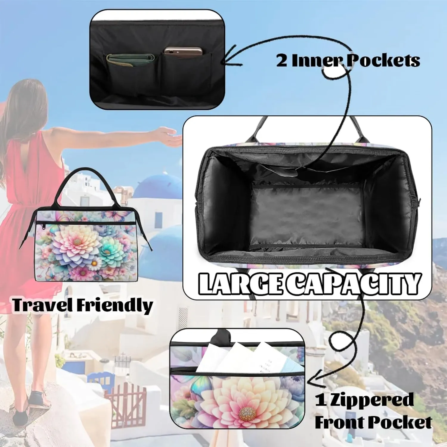 Rainbow Flower Gym Bag for Women Men Travel Sports Duffel Bag with Trolley Sleeve Waterproof Sports Gym Bag Weekender Overnight Bag Carry On Tote Bag for Travel Gym Sport
