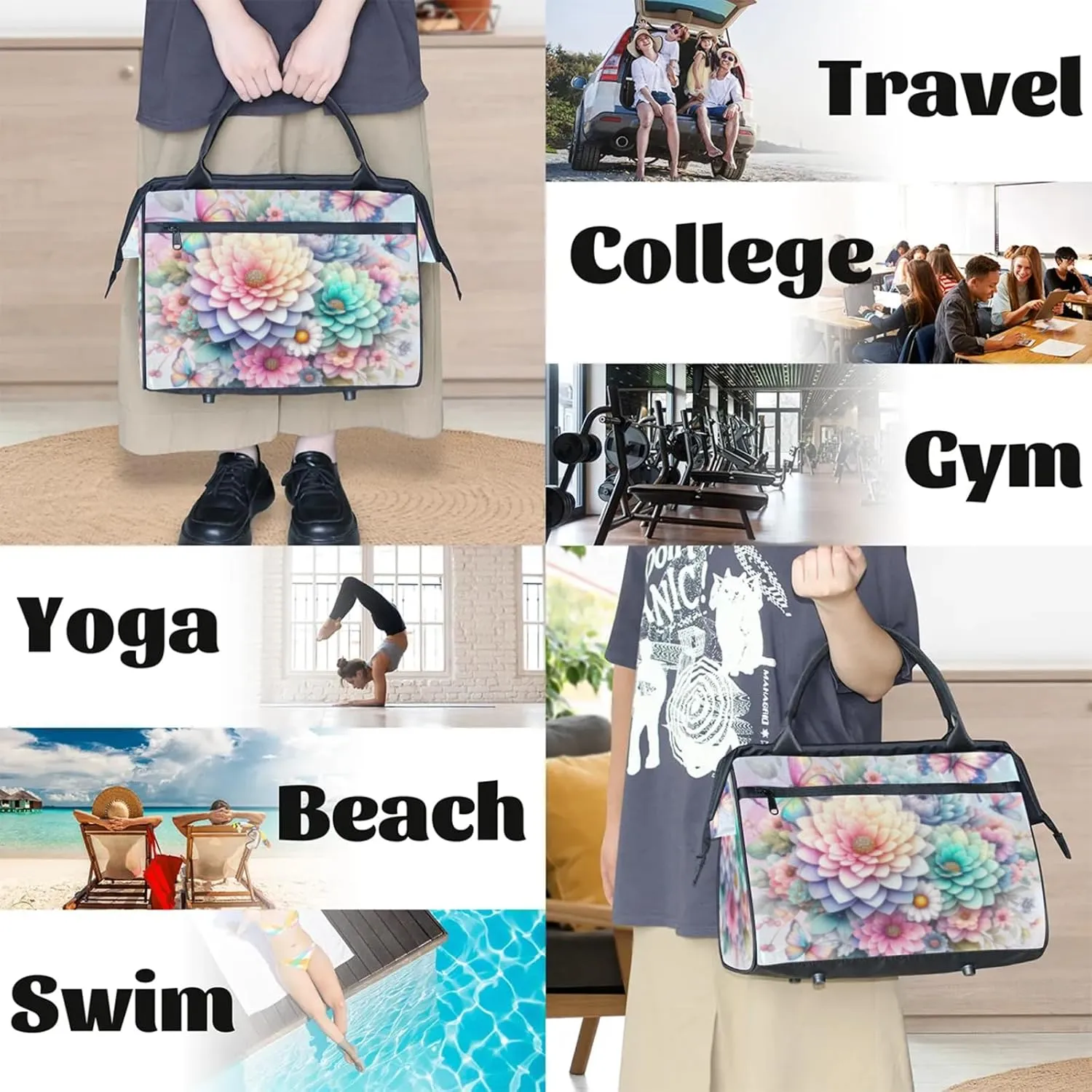 Rainbow Flower Gym Bag for Women Men Travel Sports Duffel Bag with Trolley Sleeve Waterproof Sports Gym Bag Weekender Overnight Bag Carry On Tote Bag for Travel Gym Sport