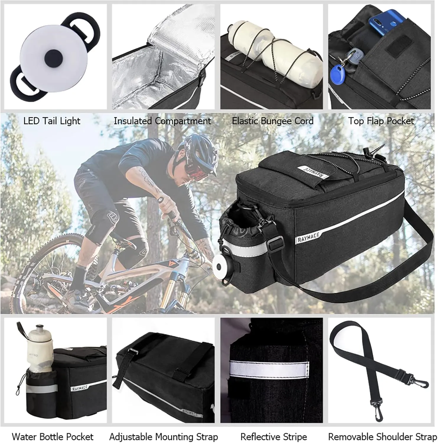 RAYMACE Bike Rear Rack Bag with Tail Light, Bike Truck Cooler Bag for Warm or Cold Items